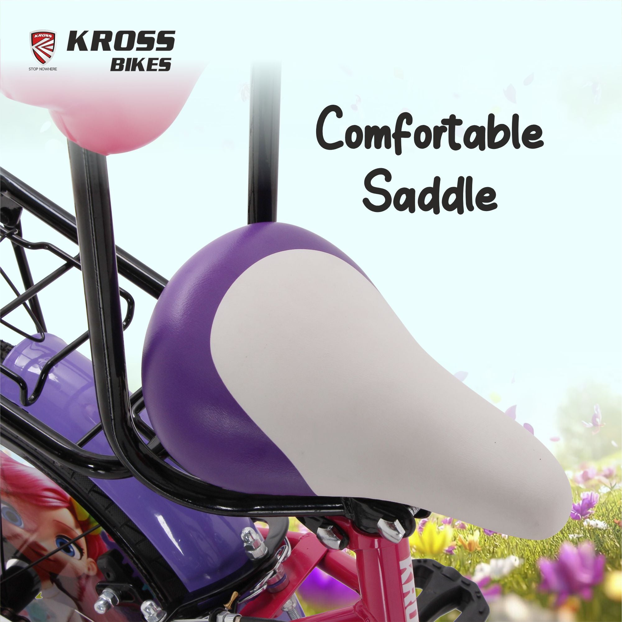 Kross Megan 16T Kids Bicycle with Side Wheels, Basket & Backrest | Pink Purple | Cycle for Girls Age 4-7 Years