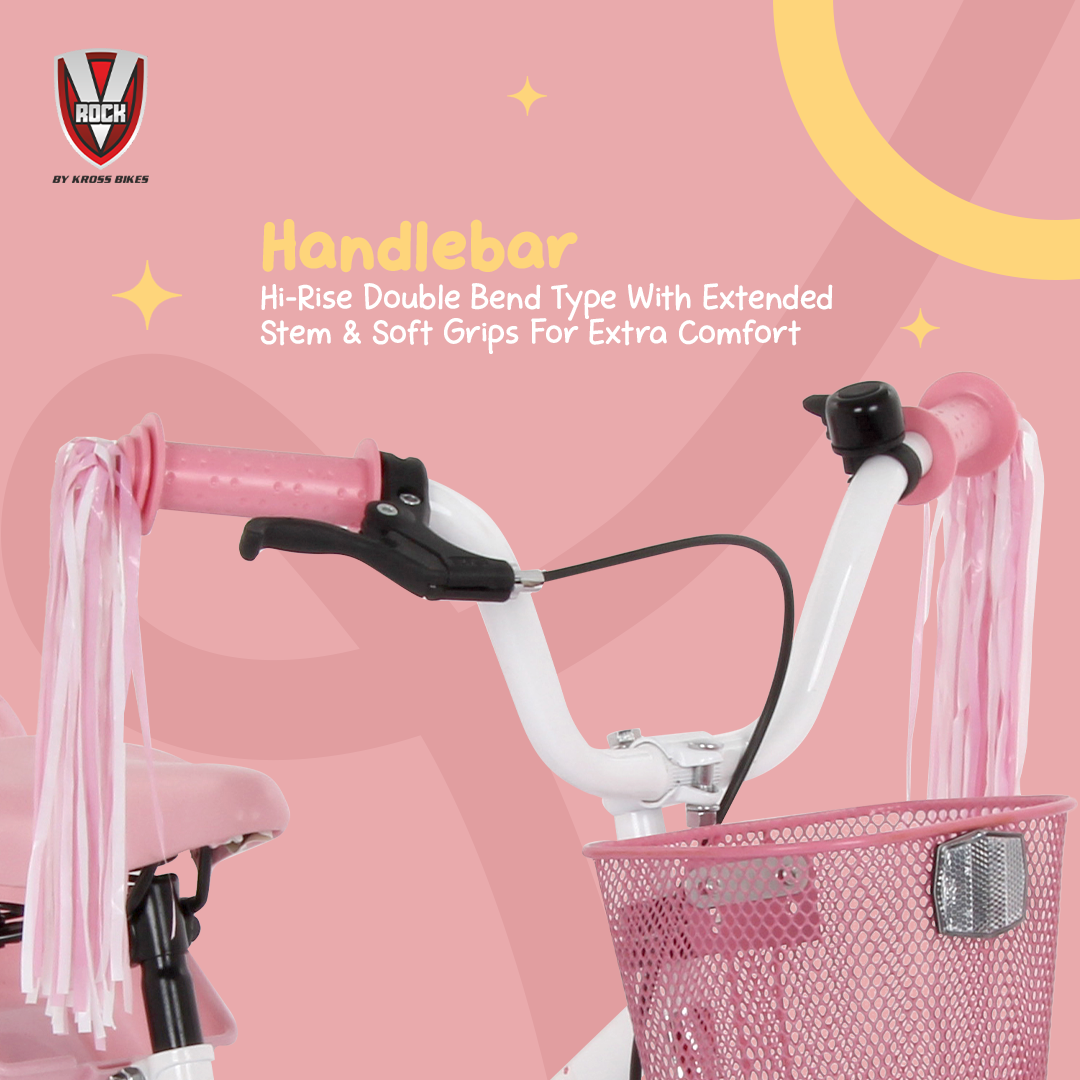 V Rock Magic 14T Kids Bicycle – Magic White with Pink Accessories | Training Wheels | Basket & Doll Carrier