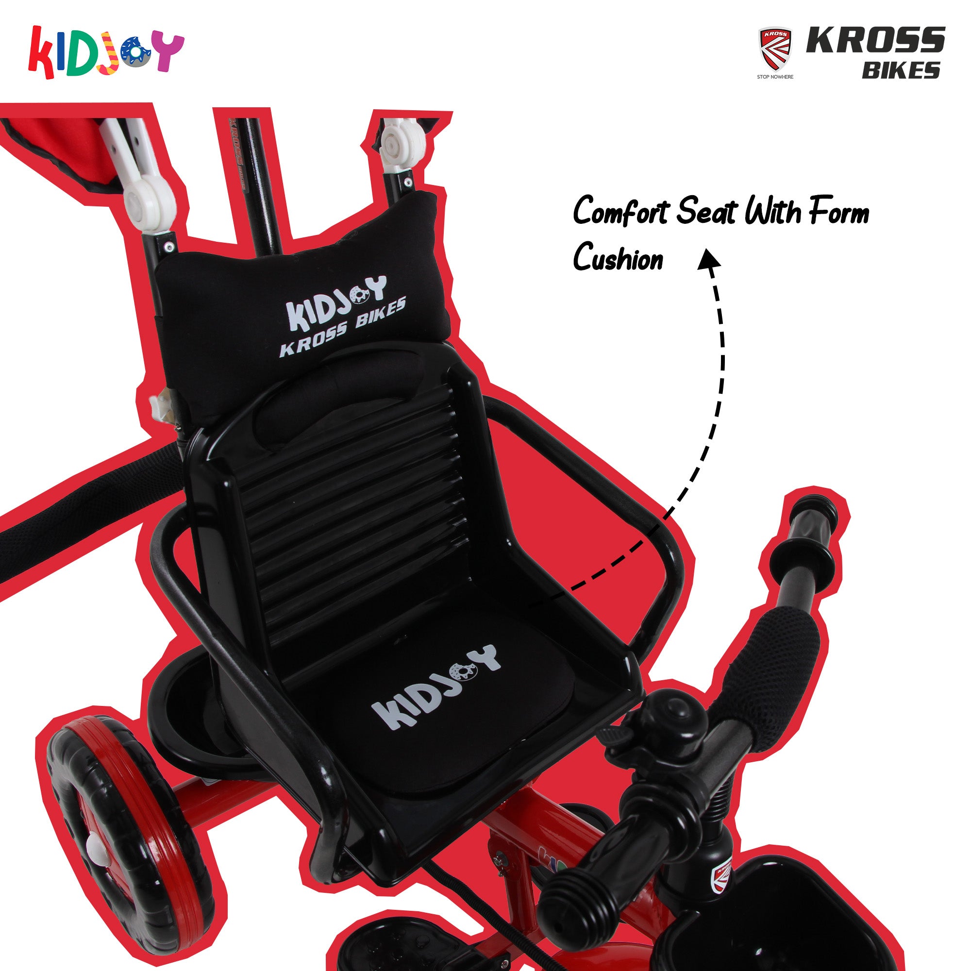 Kidjoy SS-100 Kids Tricycle for 1.5–4 Years with Parental Handle, Canopy & Safety Guard – Steel Frame (Red)