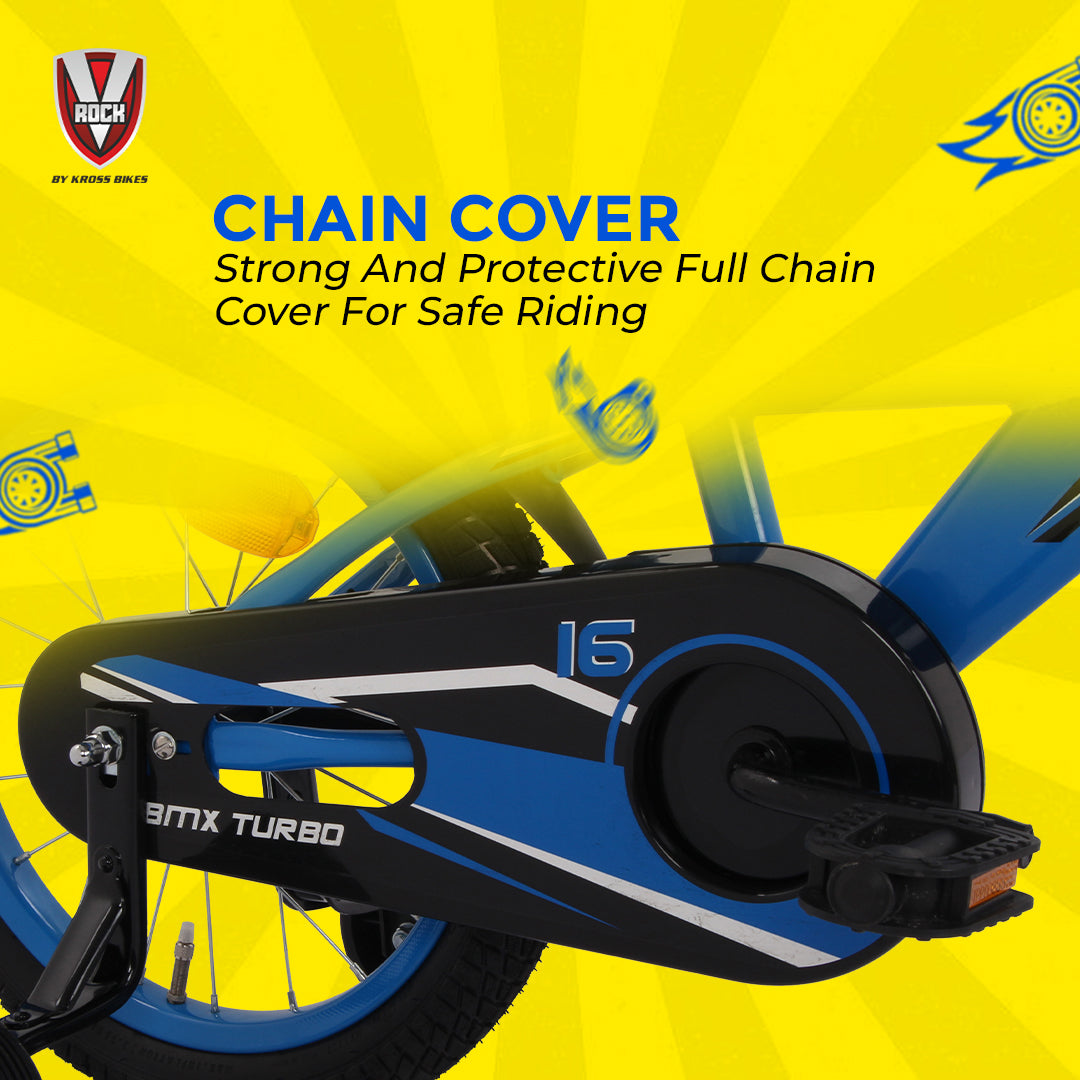 V Rock BMX Turbo 16T Kids Bicycle with Steel Frame, Coaster Hub, V-Brakes, Training Wheels & Mudguards (Turbo Blue)