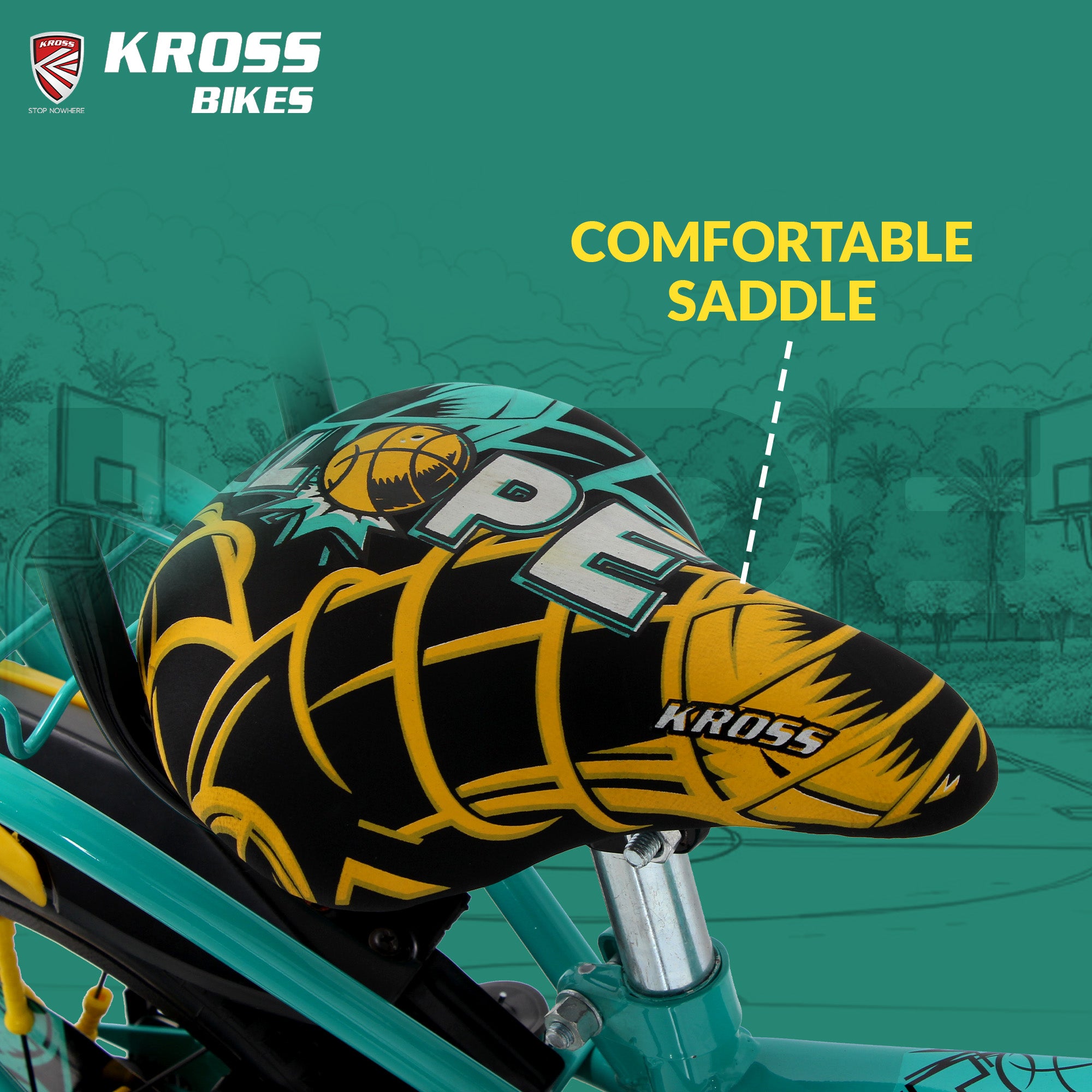 Kross Lope 16T Kids Cycle (16x2.40 Tyre, Dual Color Steel Frame, Caliper Brakes, Basket & Side Wheels, 4–6 Years) with Carrier -Yellow