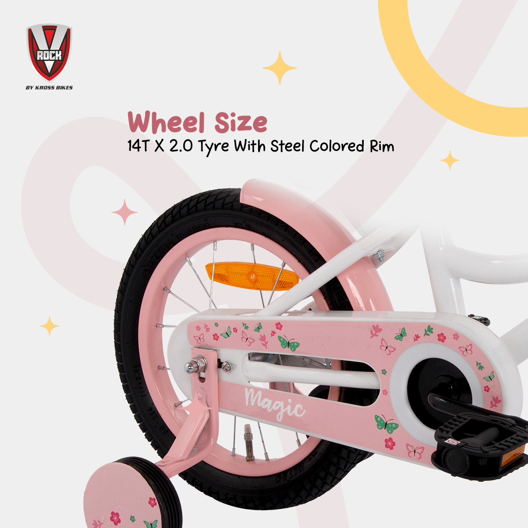 V Rock Magic 14T Kids Bicycle – Magic White with Pink Accessories | Training Wheels | Basket & Doll Carrier