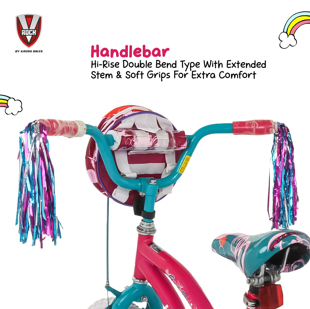 V Rock Girl Power 18T Bicycle for Kids (4–7 Years) | Pink–Turquoise, Steel Frame, Training Wheels