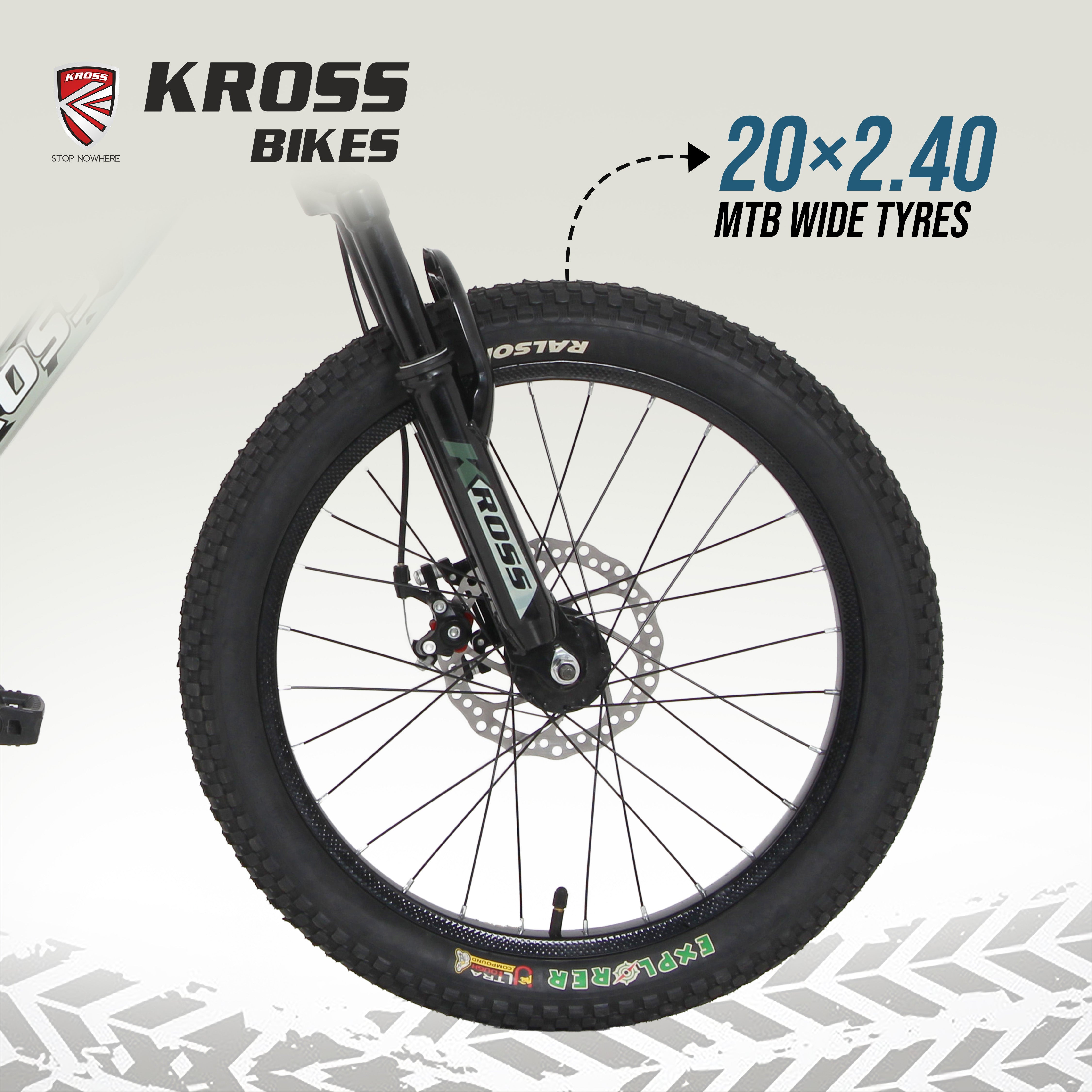 Kross Tronin 20T Kids MTB Cycle – 20×2.40 Fat Tyres, Dual Disc Brakes, Suspension Fork, Steel Frame, Single Speed (Grey/Blue)