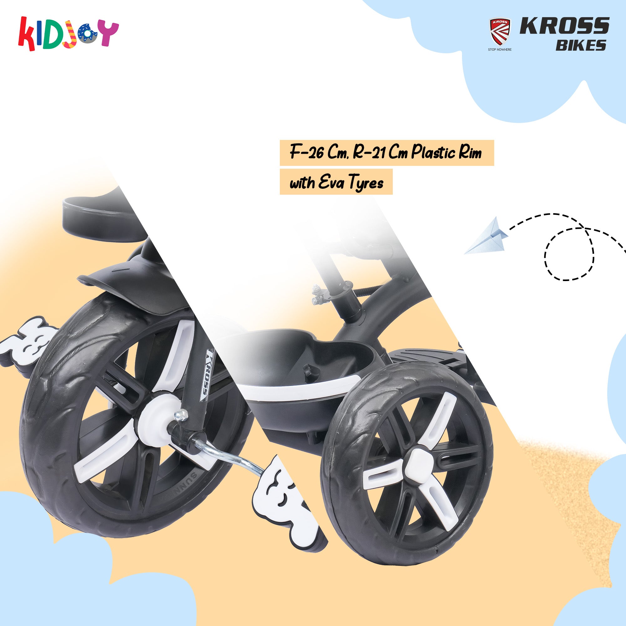 Kidjoy EX-1 3-in-1 Kids Tricycle with Adjustable Parental Handle, Detachable Canopy, EVA Tyres, Safety Belt & Rear Basket (1–4 Years) (Black/White)