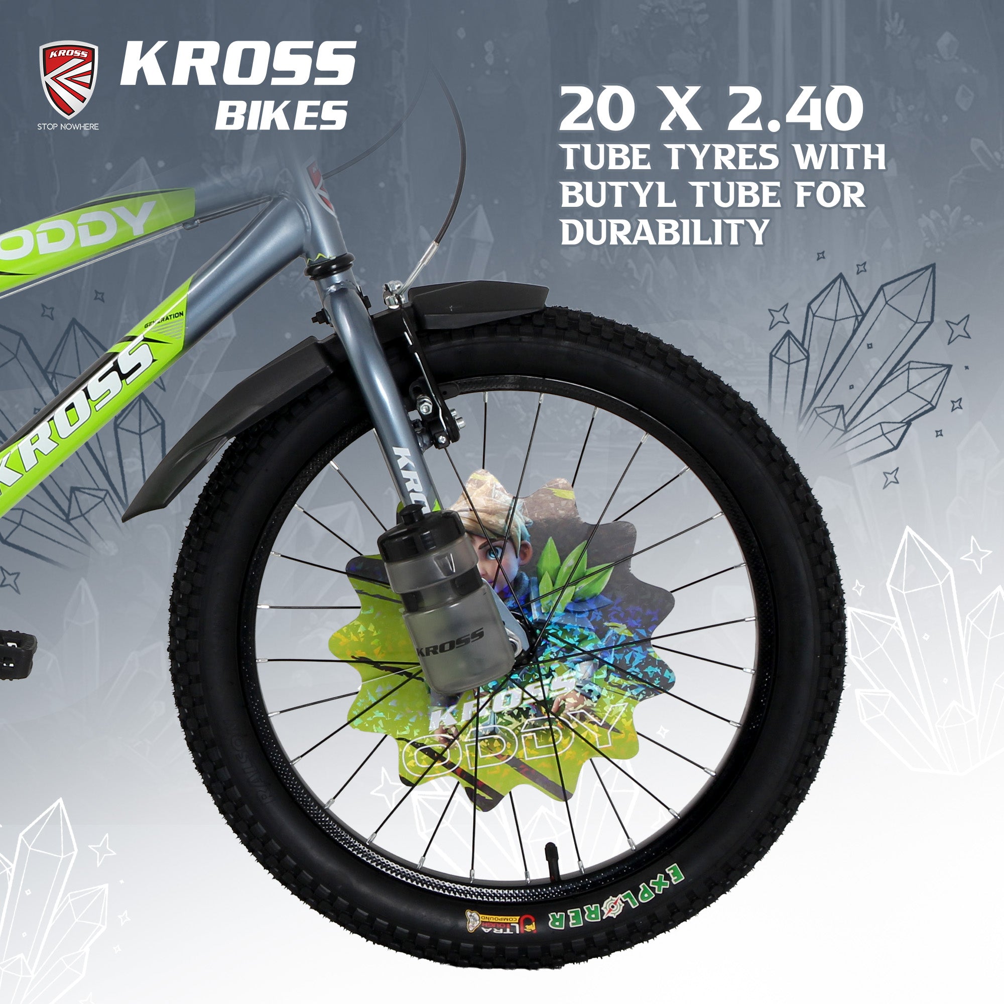 Kross Oddy 20T Kids Bicycle with Training Wheels, V-Brakes, Steel Frame, Green/Grey