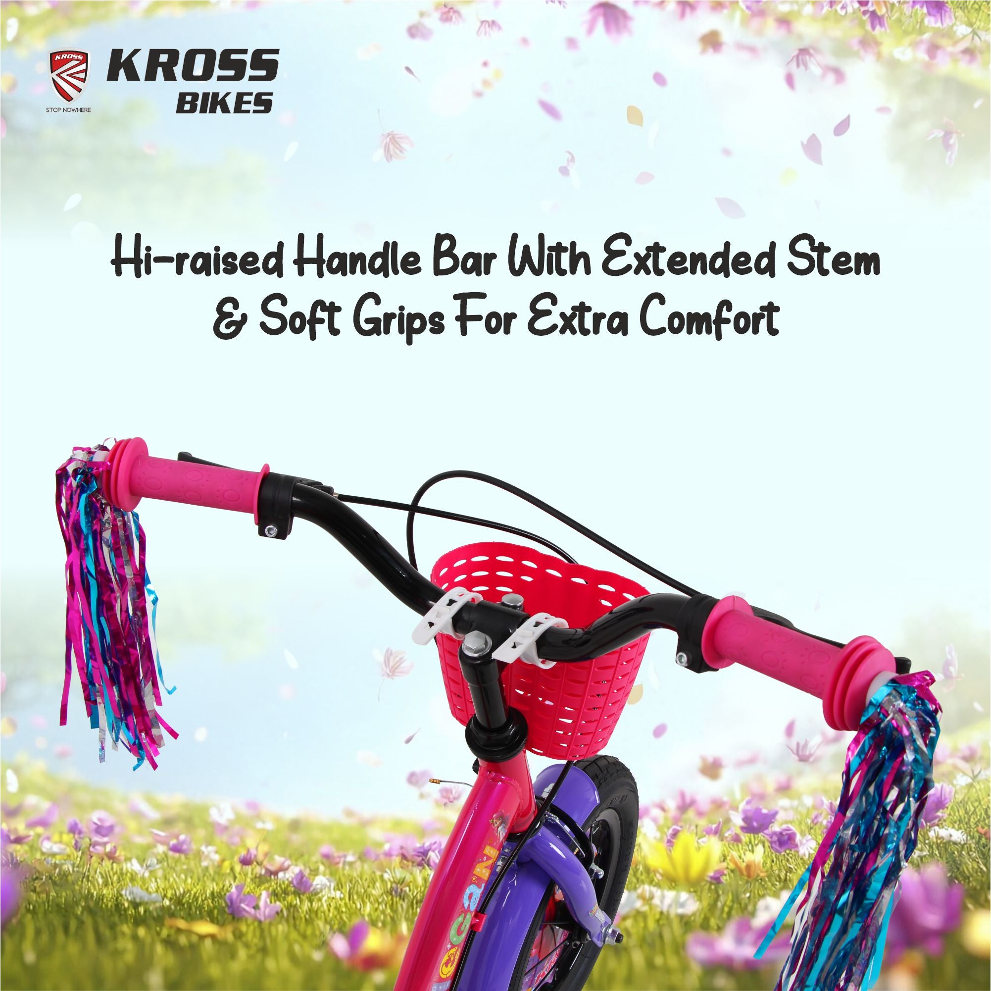 Kross Megan 12T Kids Bicycle with Training Wheels, Basket, Back Rest & Carrier | Single Speed | Pink-Purple