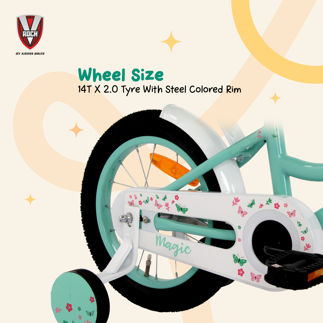 V ROCK Magic 14T Kids Bicycle – Magic White with Turquoise Accessories | Training Wheels | Basket & Doll Carrier (Copy)