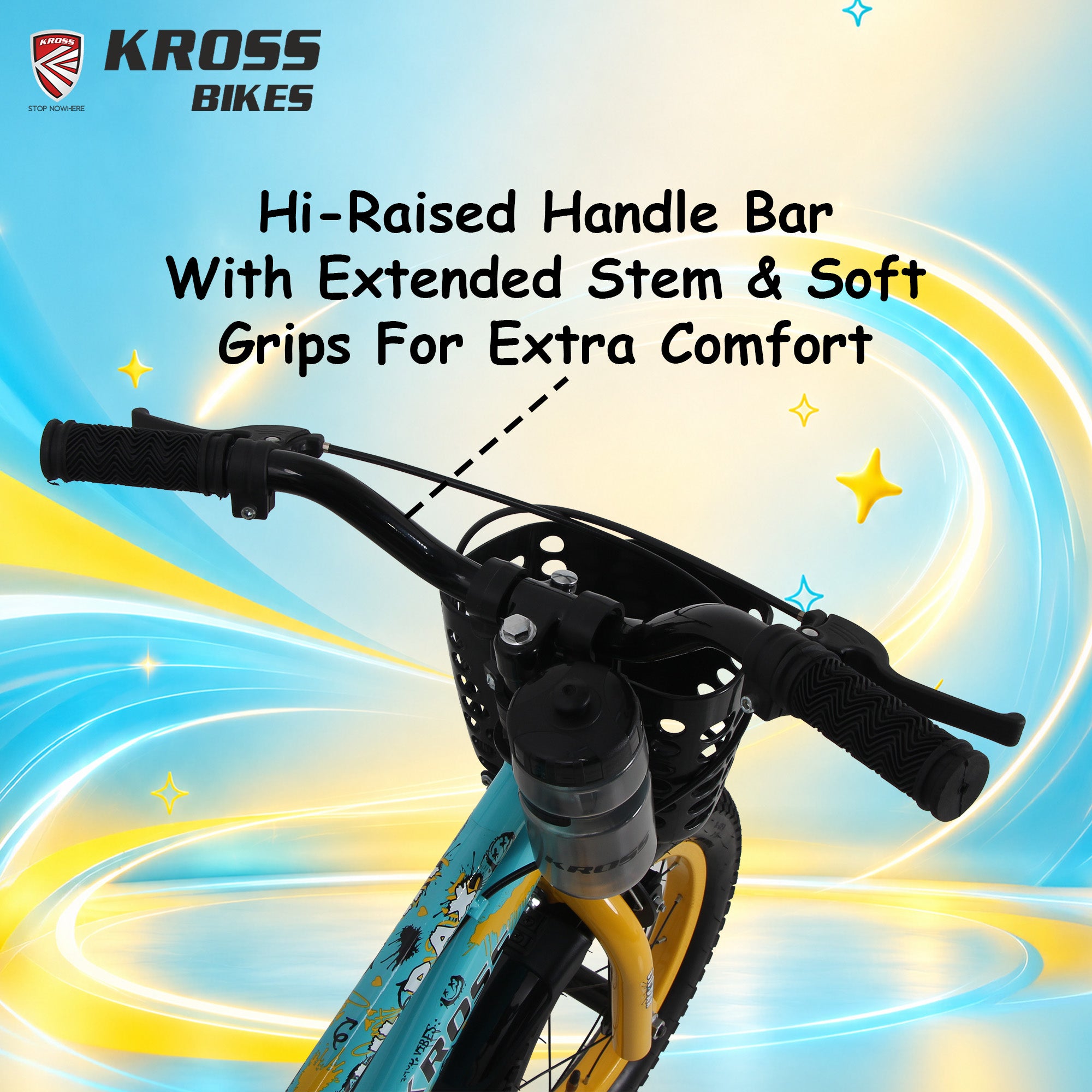 Kross Lil Dax 14T Kids Bicycle for Boys & Girls | Steel Frame | Single Speed | Training Wheels, Basket & Backrest | Blue-Yellow