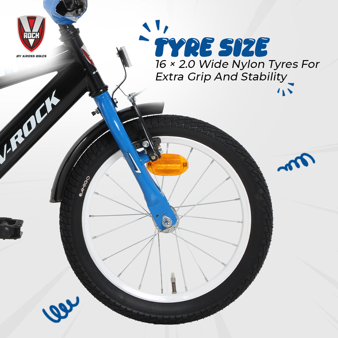 V Rock 16T BMX Fun Kids Bicycle with Training Wheels & Coaster Brake – Black Blue
