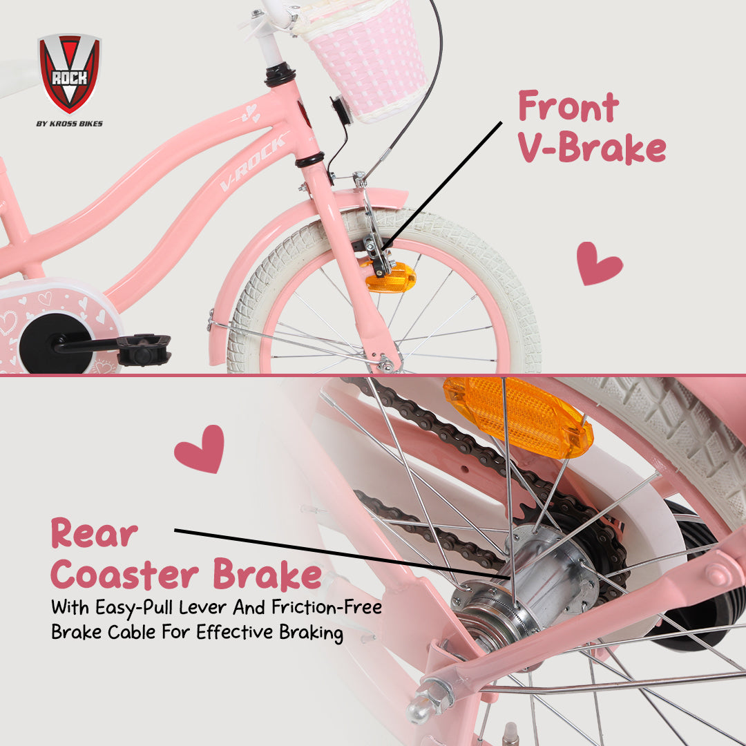 V Rock 16T Lovely Pink Kids Bicycle with Basket, Carrier & Training Wheels
