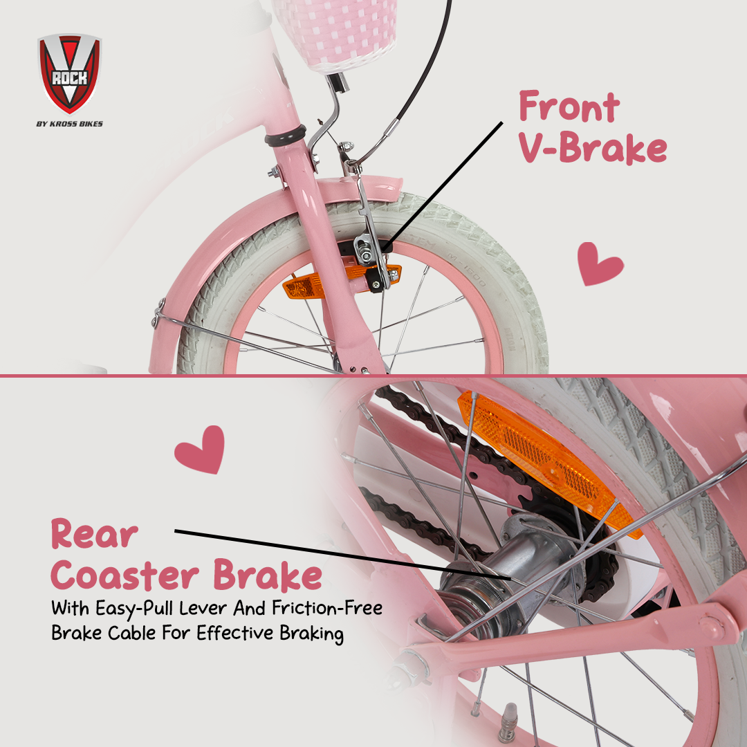 V Rock Lovely 14T Pink Kids Bike, Steel Frame, Rear Coaster & V Brake, Basket & Support Wheels, 14 inch BMX Cycle (Single Speed, Pink, Rigid)