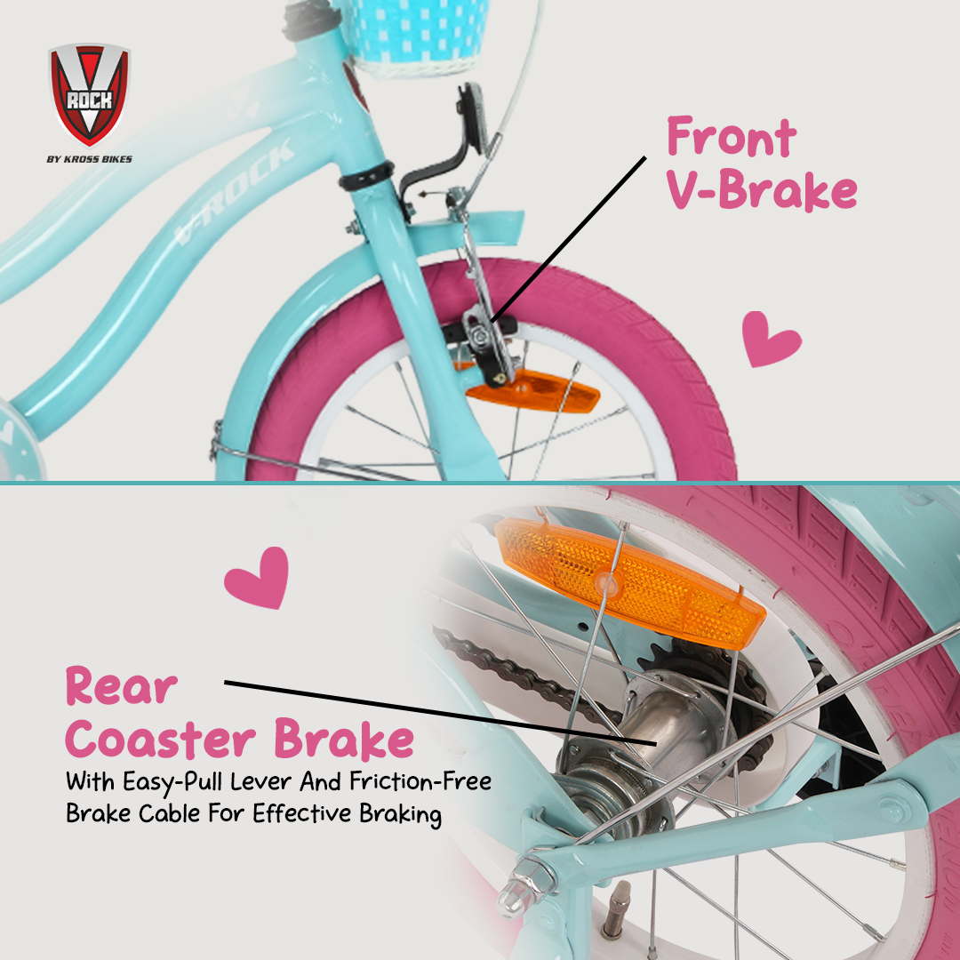 V Rock Lovely 14T Blue Kids Bike, Steel Frame, Rear Coaster & V Brake, Basket & Support Wheels, 14 inch BMX Cycle (Single Speed, Blue, Rigid)