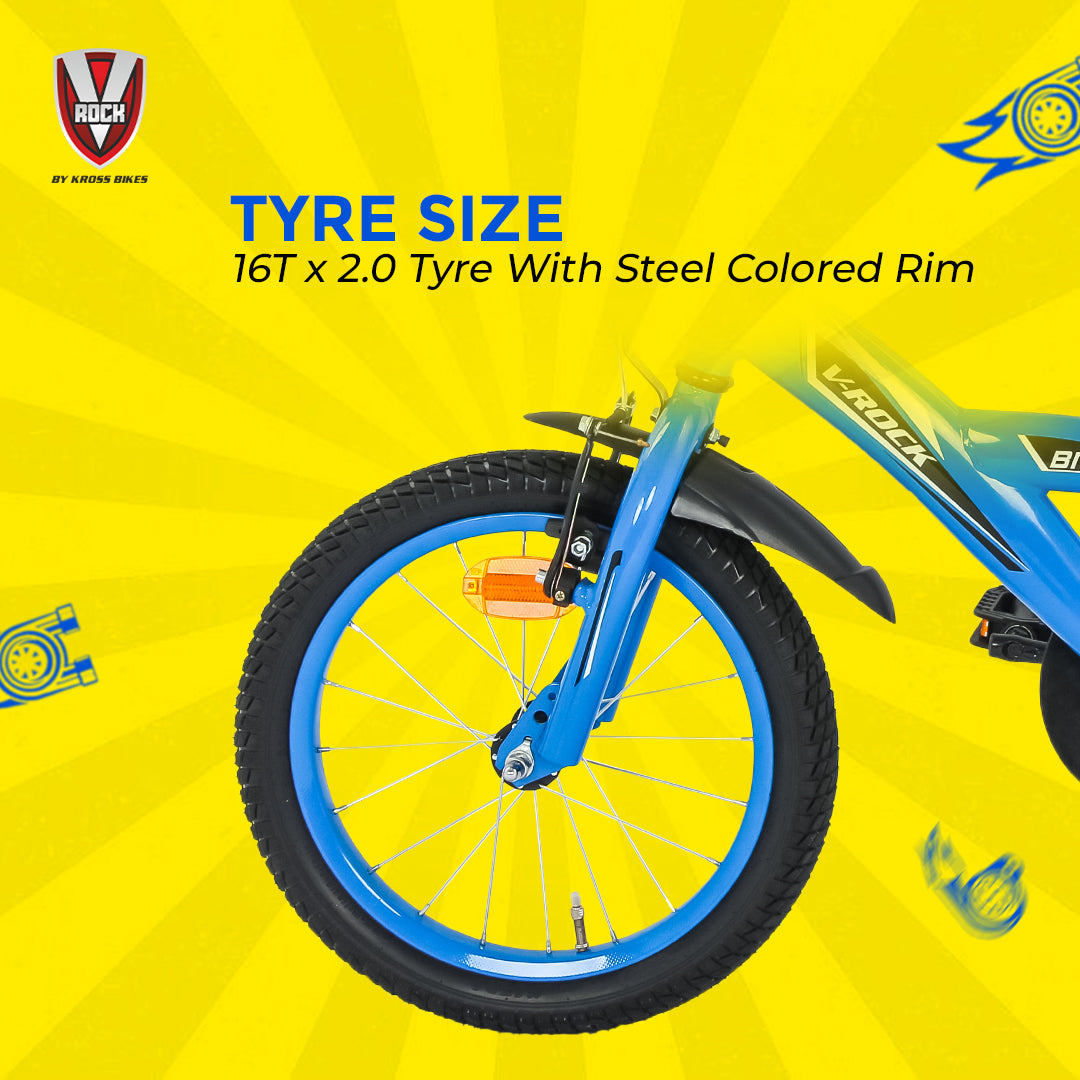 V Rock BMX Turbo 16T Kids Bicycle with Steel Frame, Coaster Hub, V-Brakes, Training Wheels & Mudguards (Turbo Blue)