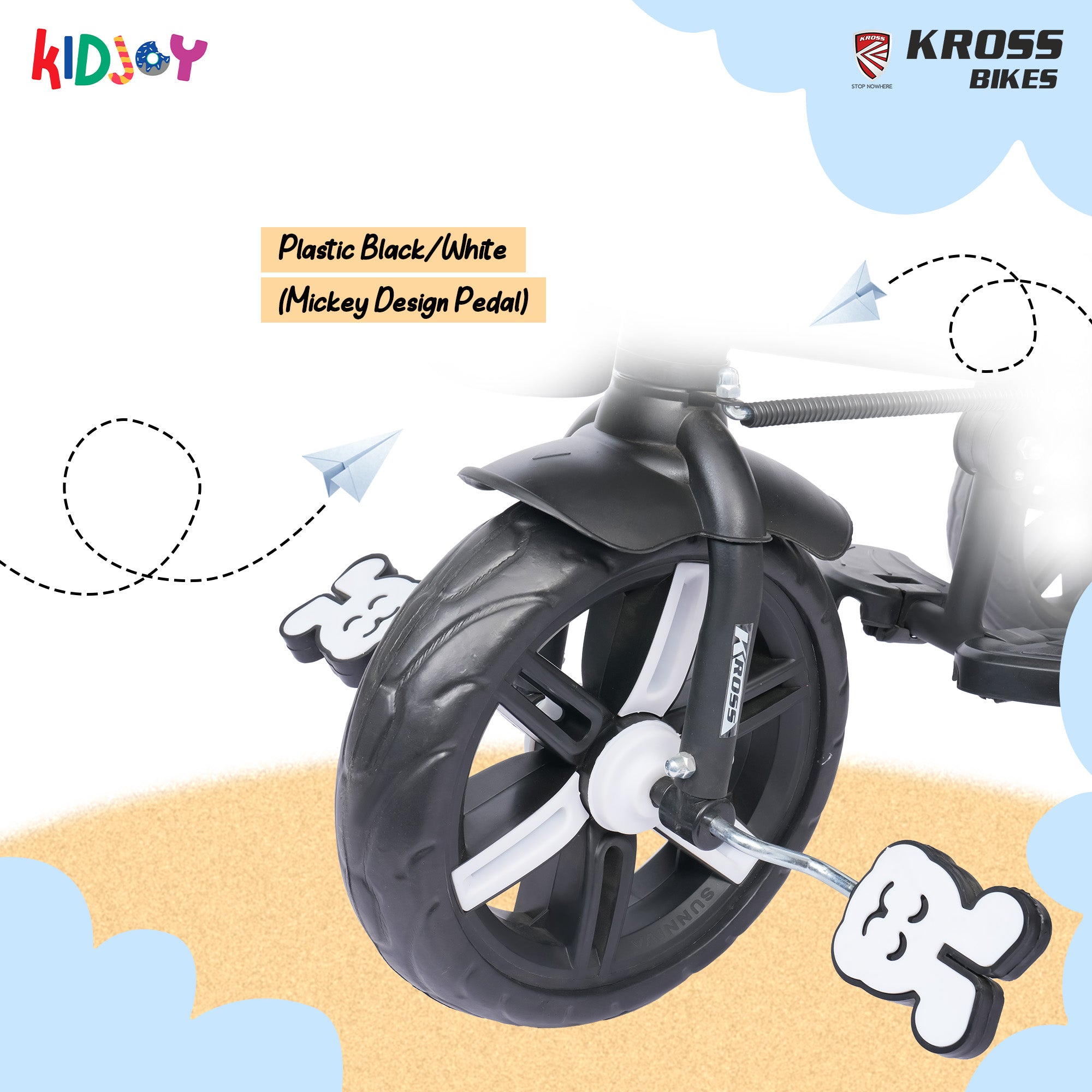 Kidjoy EX-1 3-in-1 Kids Tricycle with Adjustable Parental Handle, Detachable Canopy, EVA Tyres, Safety Belt & Rear Basket (1–4 Years) (Black/White)