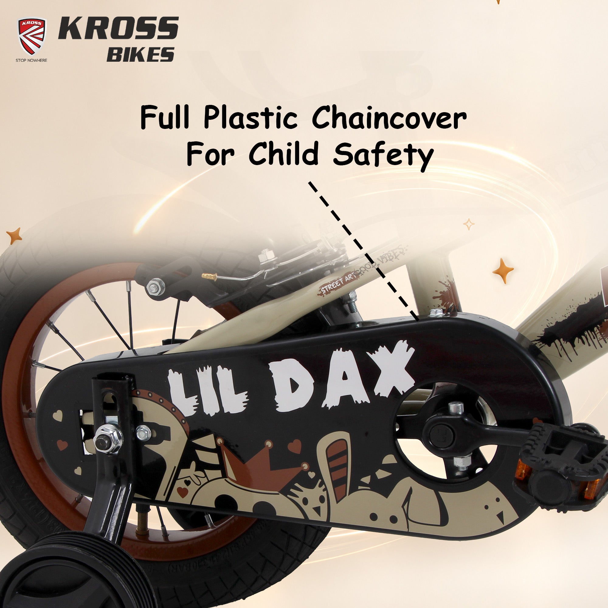 Kross Lil Dax 12T Kids Bicycle for Boys & Girls | Steel Frame | Training Wheels | Basket & Backrest | Cream & Brown