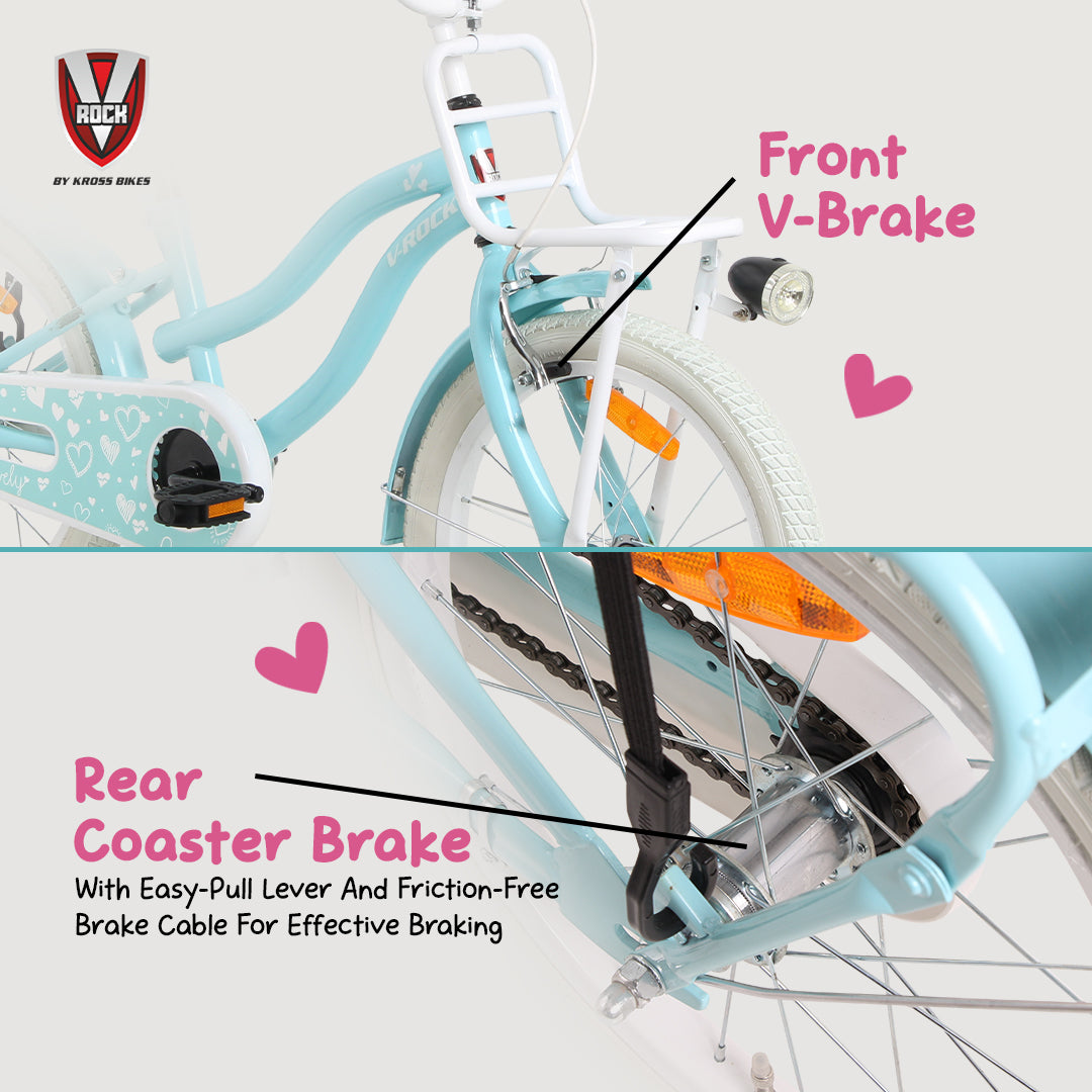 V Rock Lovely 18T Kids Bicycle – Blue | Single Speed | Front V-Brake | Rear Coaster Brake | Carrier & Mudguards