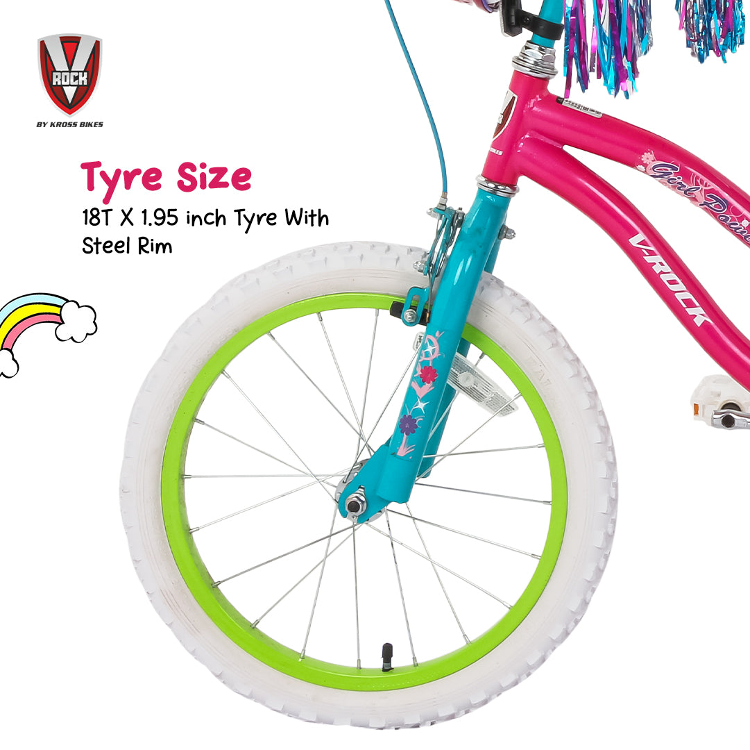 V Rock Girl Power 18T Bicycle for Kids (4–7 Years) | Pink–Turquoise, Steel Frame, Training Wheels