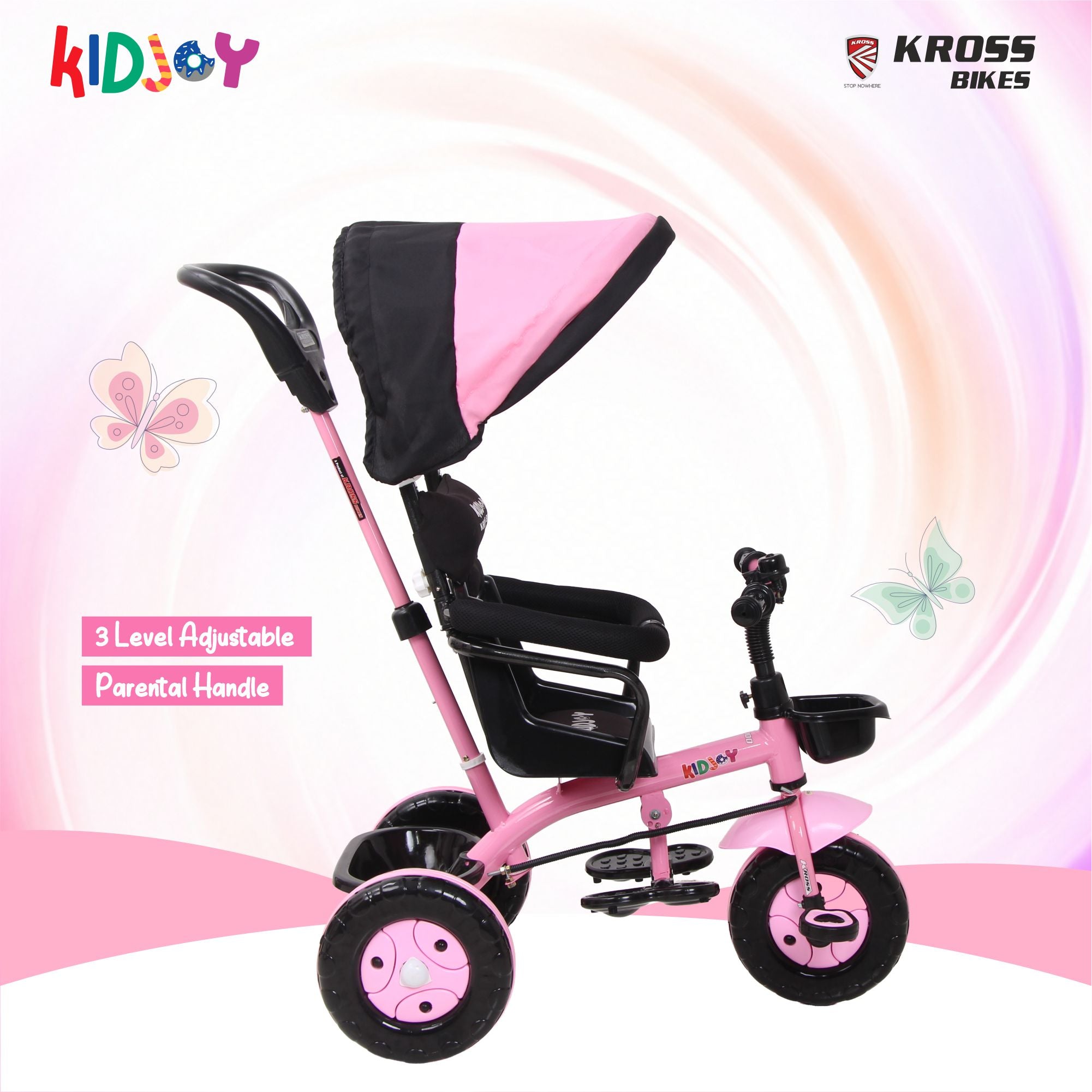 Kidjoy SS-100 Kids Tricycle for 1.5–4 Years with Parental Handle, Canopy & Safety Guard – Steel Frame (Pink)