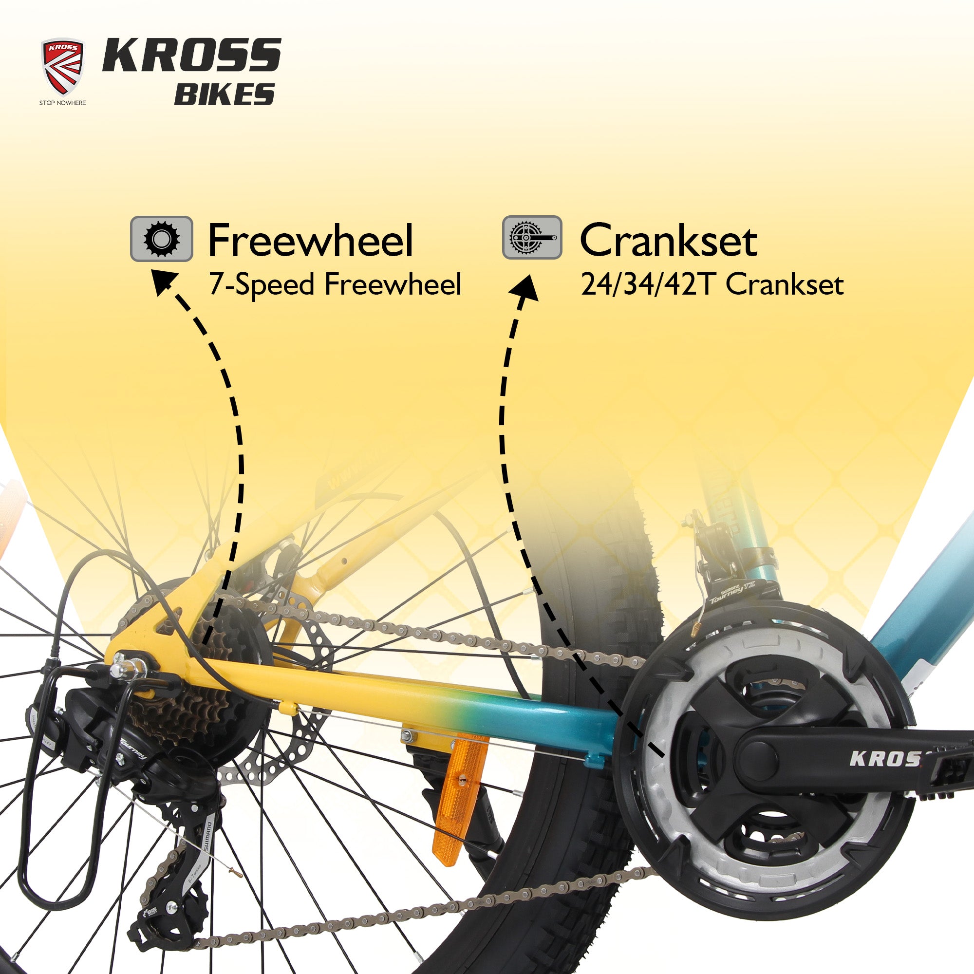 Kross Cubic 26T Mountain Bike with 21-Speed Gears, Front Suspension, Dual Disc Brakes, Alloy Frame, Green/Yellow