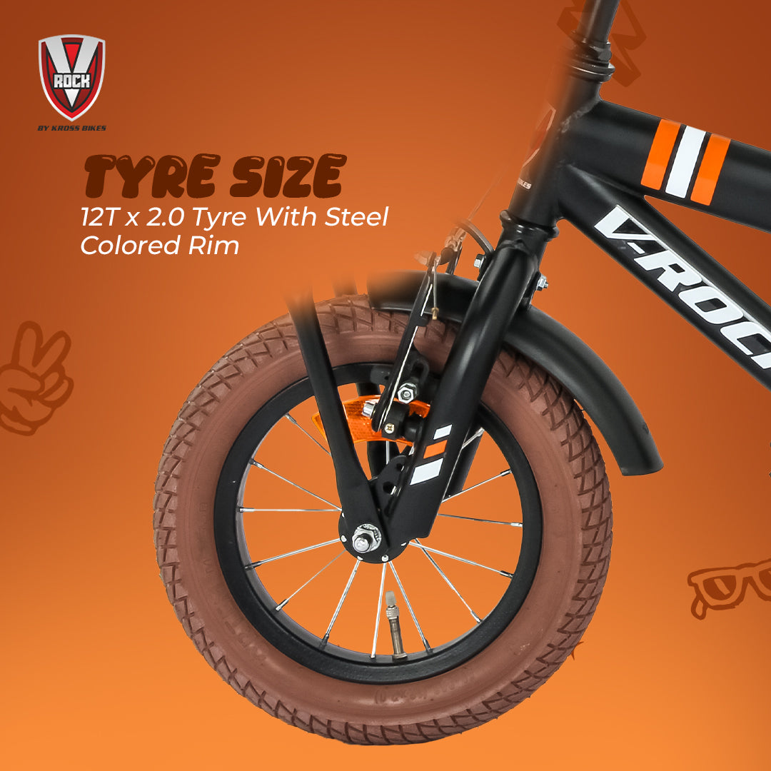 V Rock 2 Cool 12T Kids Bicycle | 12-inch Steel Frame | Rubber Tyres | Front V-Brake & Rear Coaster Brake | Adjustable Seat | Training Wheels | Age 4–7 Years (Black)
