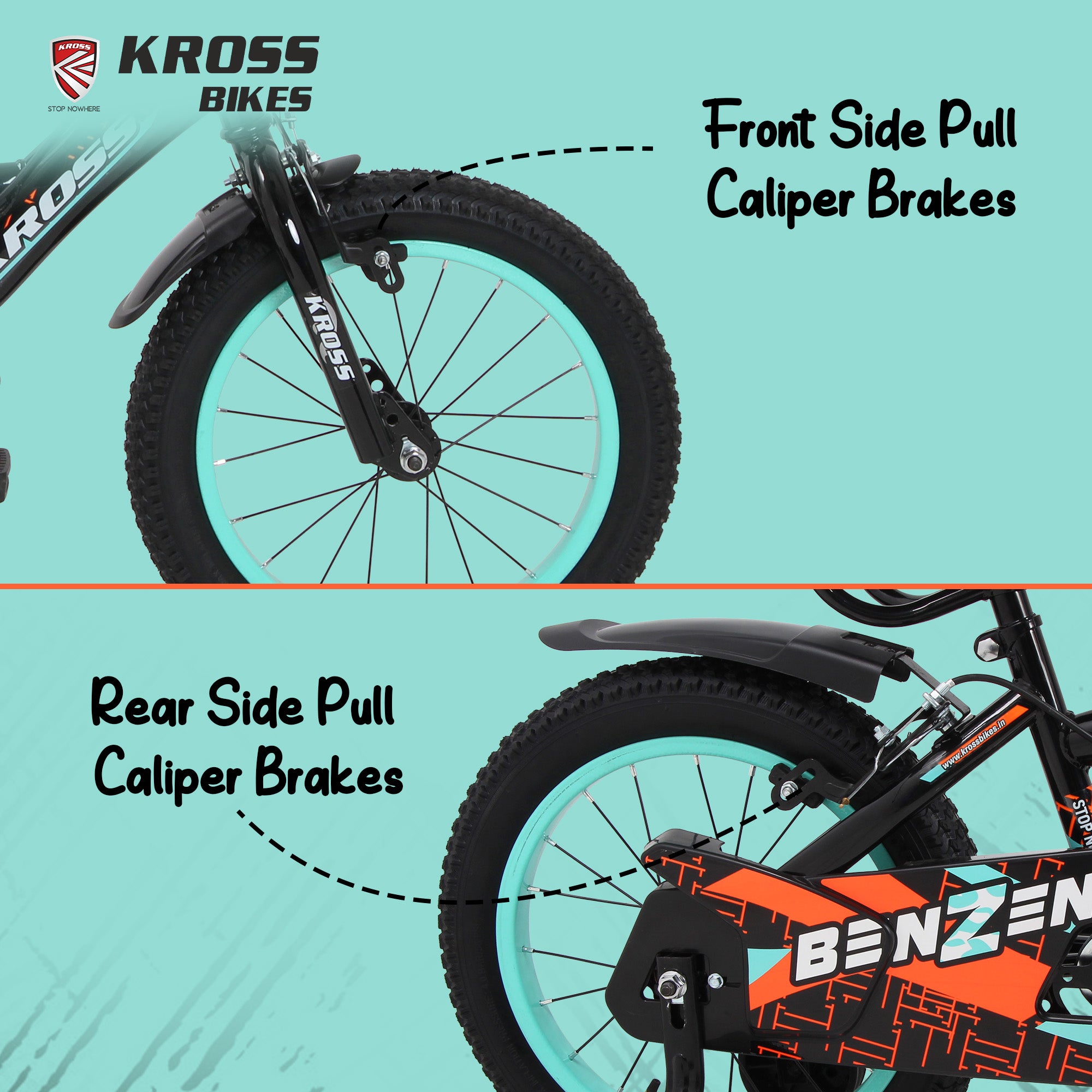 Kross Benzen Crush 16T Kids Cycle with Training Wheels, Back Rest & Bottle – Black