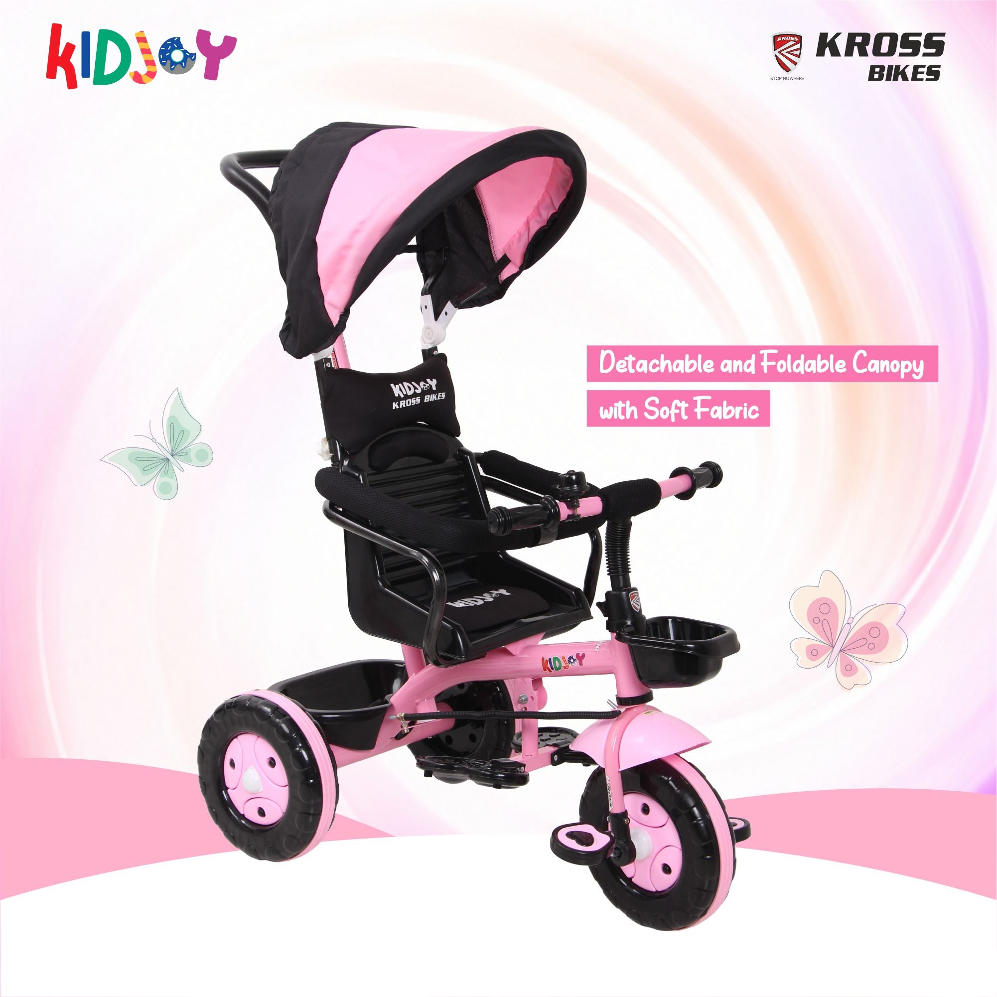 Kidjoy SS-100 Kids Tricycle for 1.5–4 Years with Parental Handle, Canopy & Safety Guard – Steel Frame (Pink)