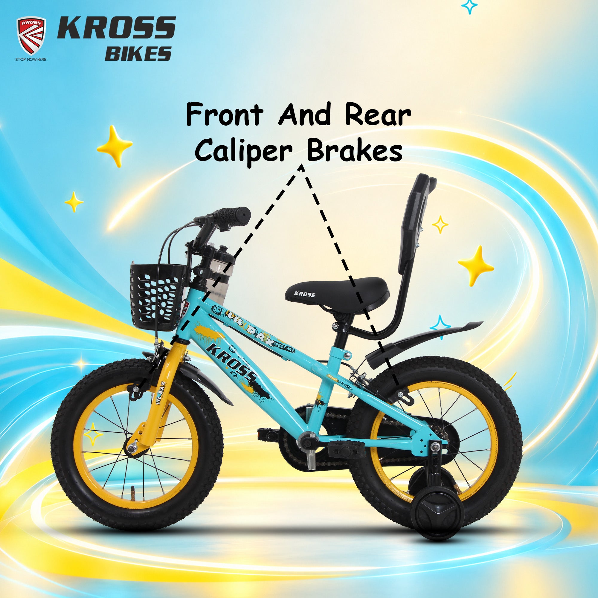 Kross Lil Dax 14T Kids Bicycle for Boys & Girls | Steel Frame | Single Speed | Training Wheels, Basket & Backrest | Blue-Yellow