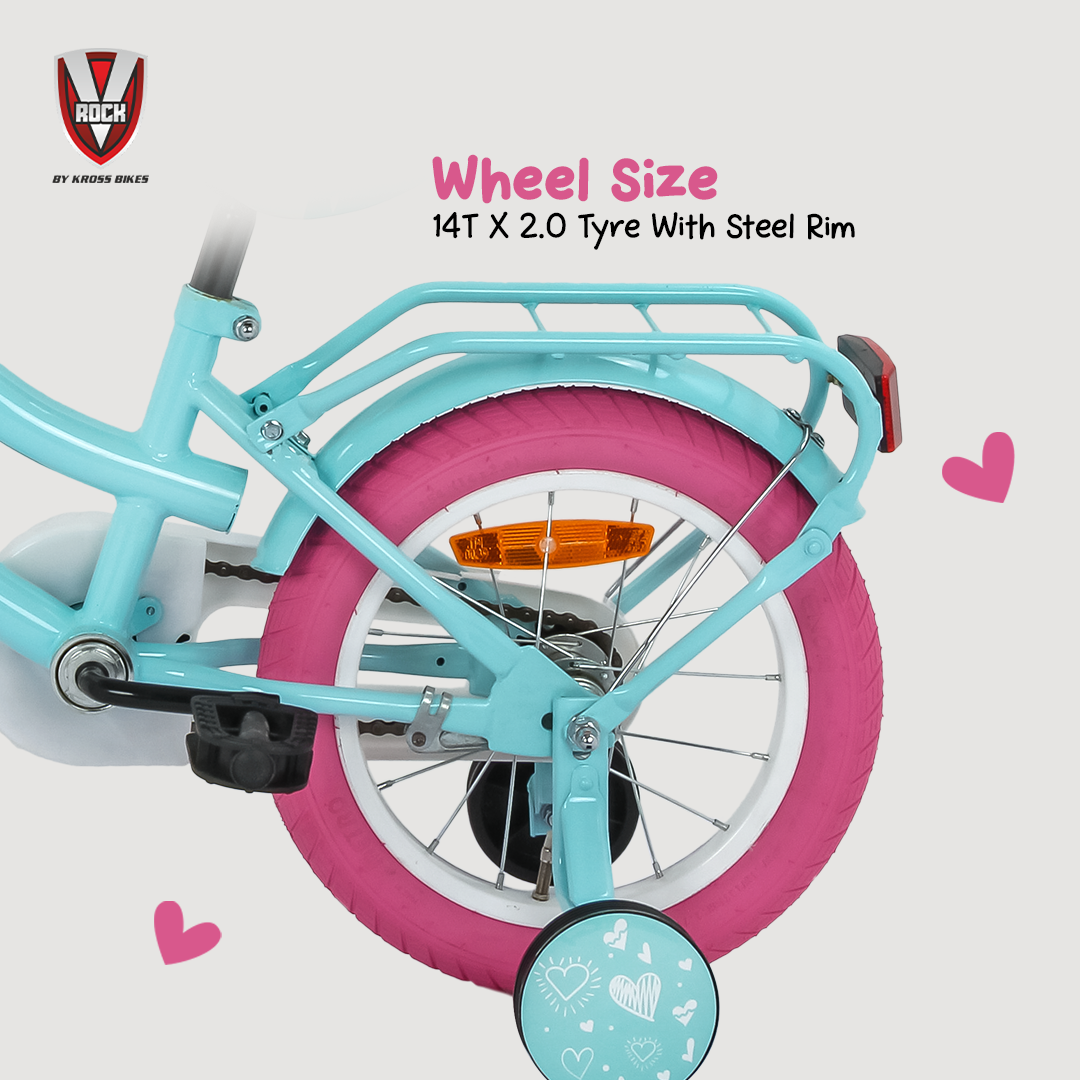 V Rock Lovely 14T Blue Kids Bike, Steel Frame, Rear Coaster & V Brake, Basket & Support Wheels, 14 inch BMX Cycle (Single Speed, Blue, Rigid)