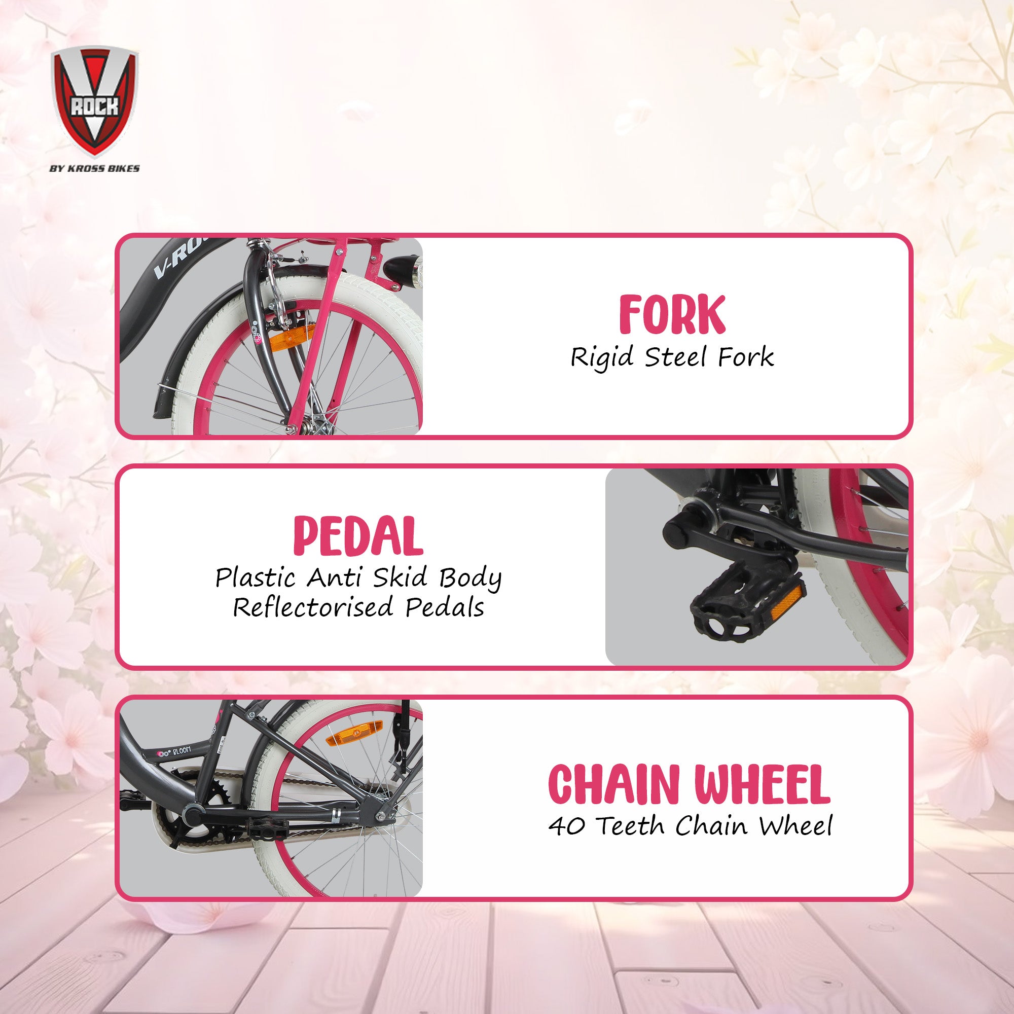 V Rock 20T Bloom Grey Kids Bicycle with Dual Carriers, LED Lights & V-Brake – Single Speed