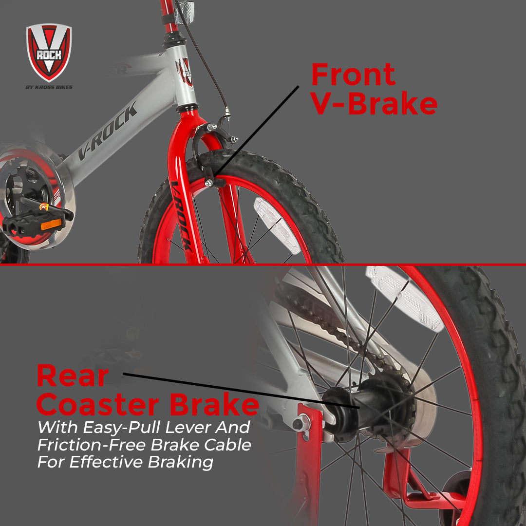 V Rock Trixter 18T Silver-Red Kids Bike, Steel Frame, Coaster Hub 18″ (Single Speed, Multicolor, Rigid)