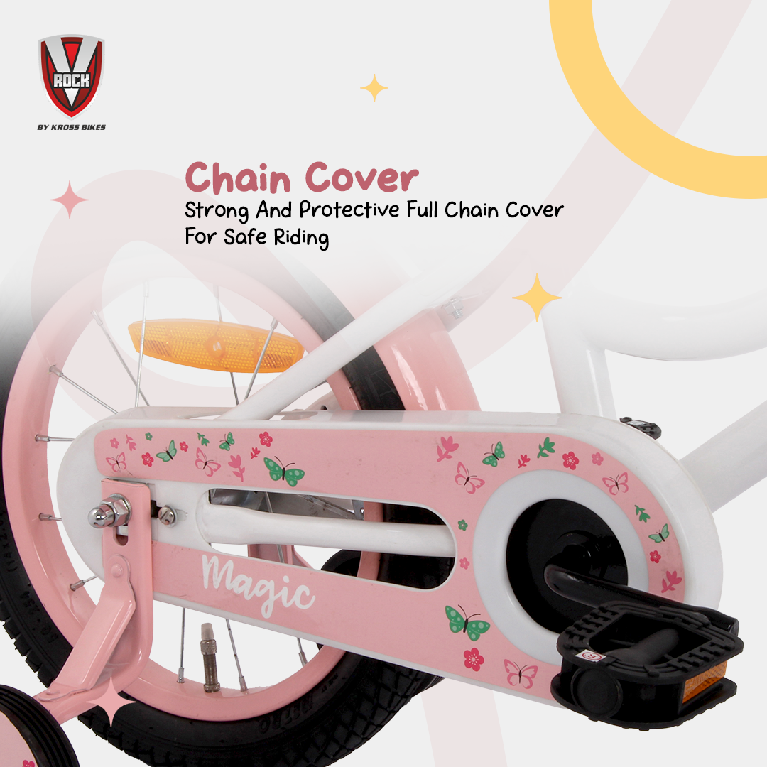 V Rock Magic 14T Kids Bicycle – Magic White with Pink Accessories | Training Wheels | Basket & Doll Carrier