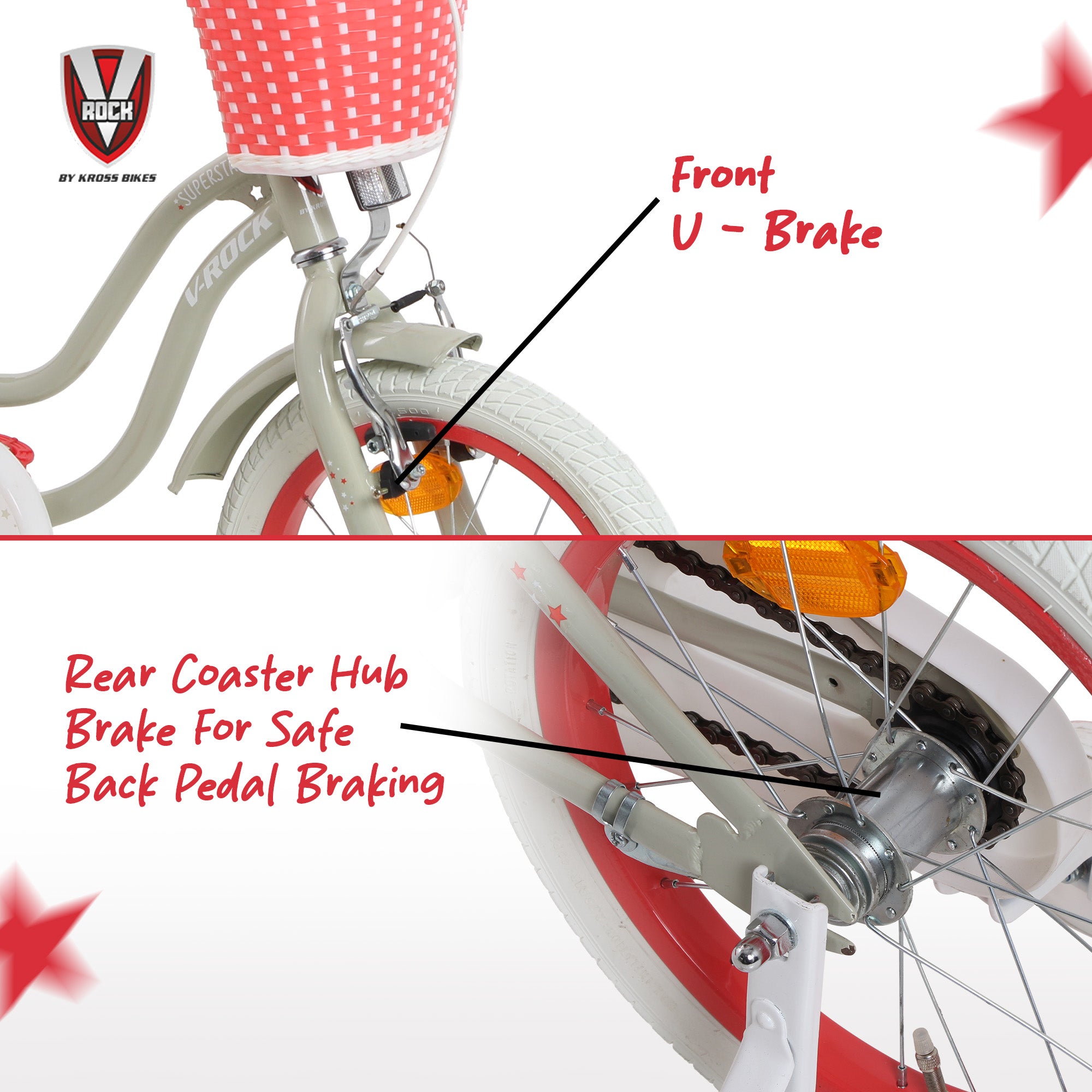 V Rock Superstar 16T Kids Bicycle – Cream | Training Wheels | Basket | Steel Frame