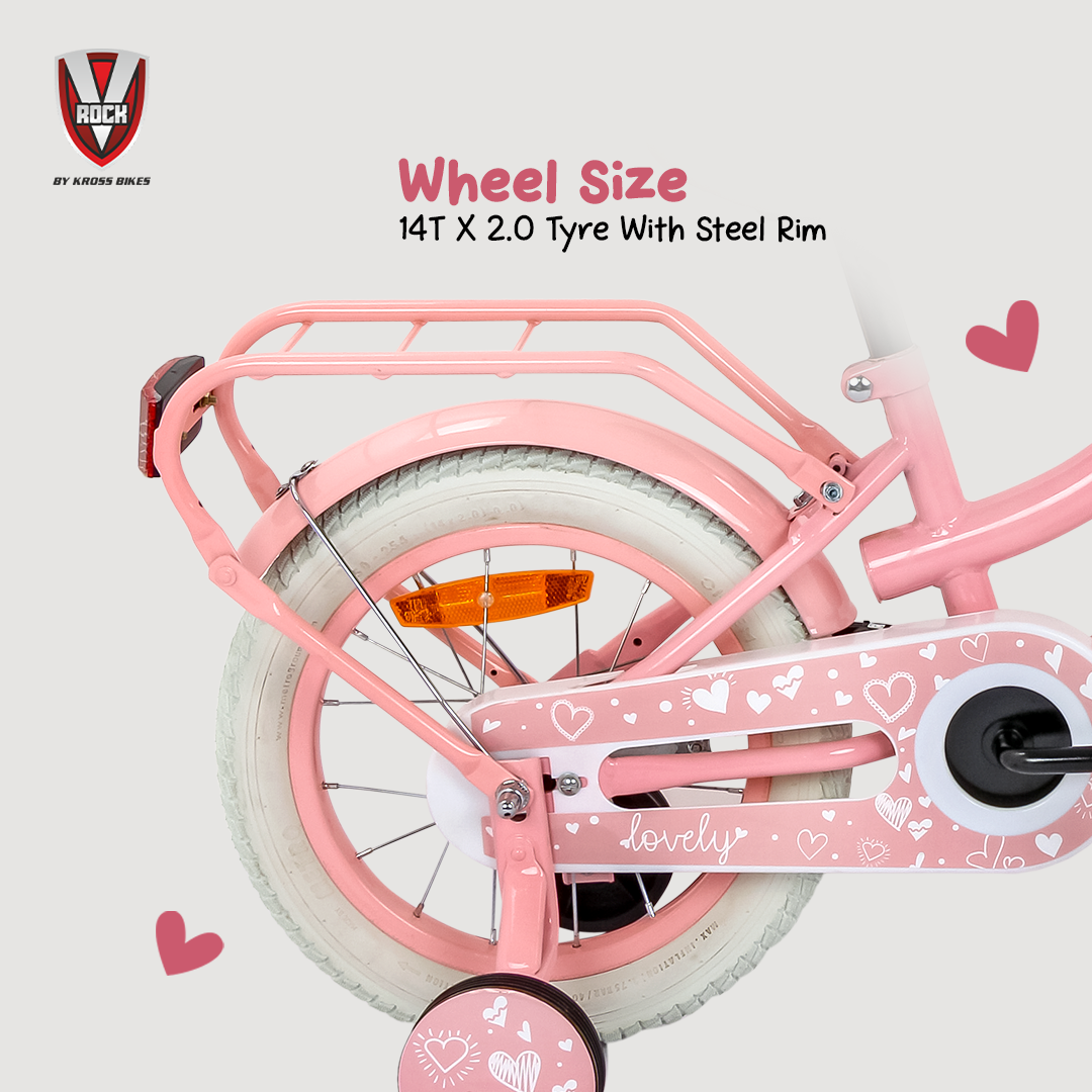 V Rock Lovely 14T Pink Kids Bike, Steel Frame, Rear Coaster & V Brake, Basket & Support Wheels, 14 inch BMX Cycle (Single Speed, Pink, Rigid)