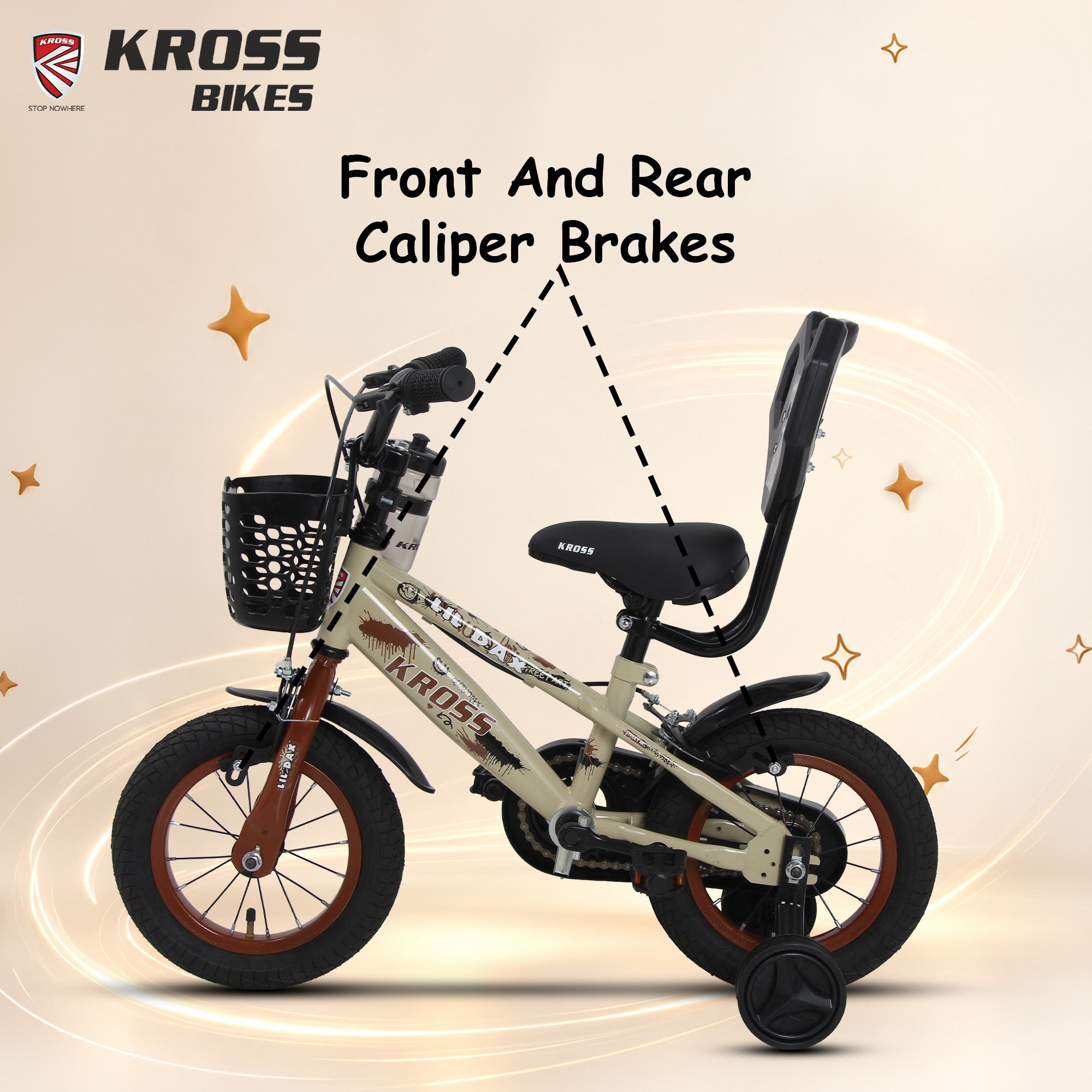 Kross Lil Dax 12T Kids Bicycle for Boys & Girls | Steel Frame | Training Wheels | Basket & Backrest | Cream & Brown