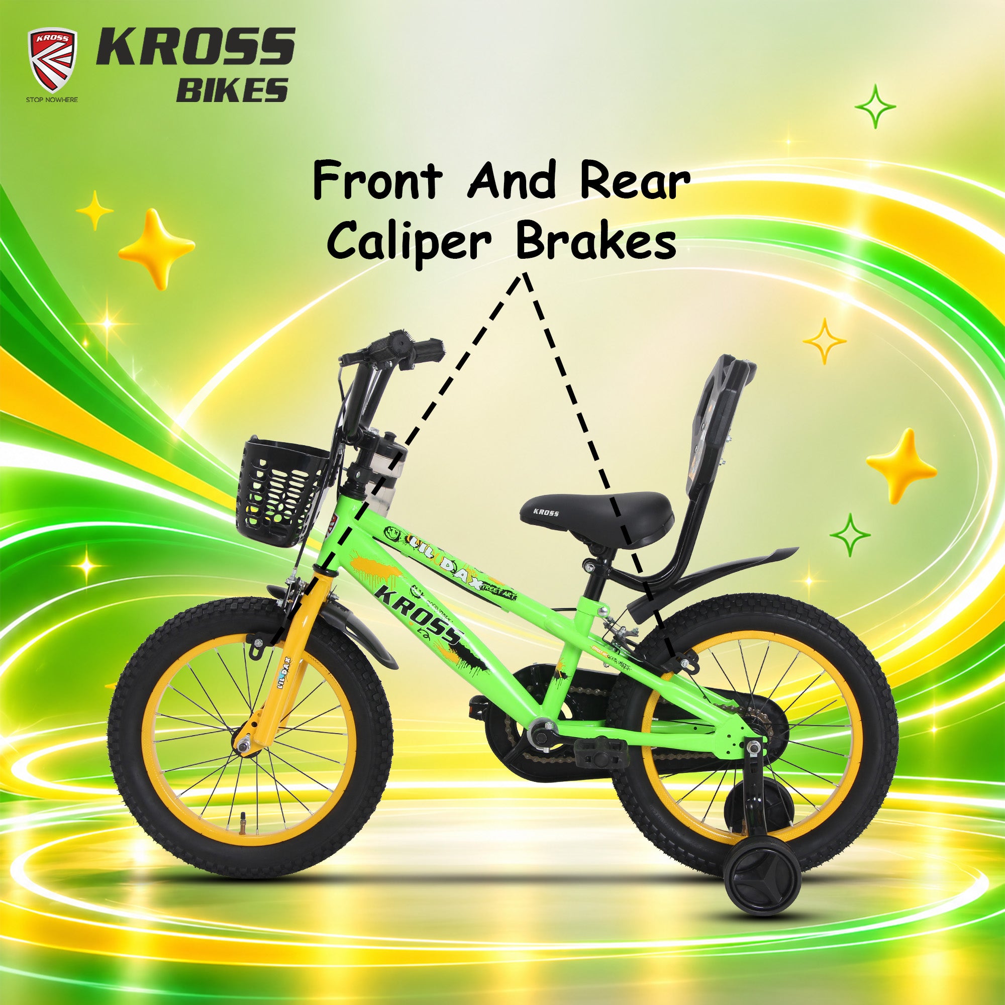 Kross Lil Dax 16T Kids Bicycle with Training Wheels, Basket & Backrest (Green)