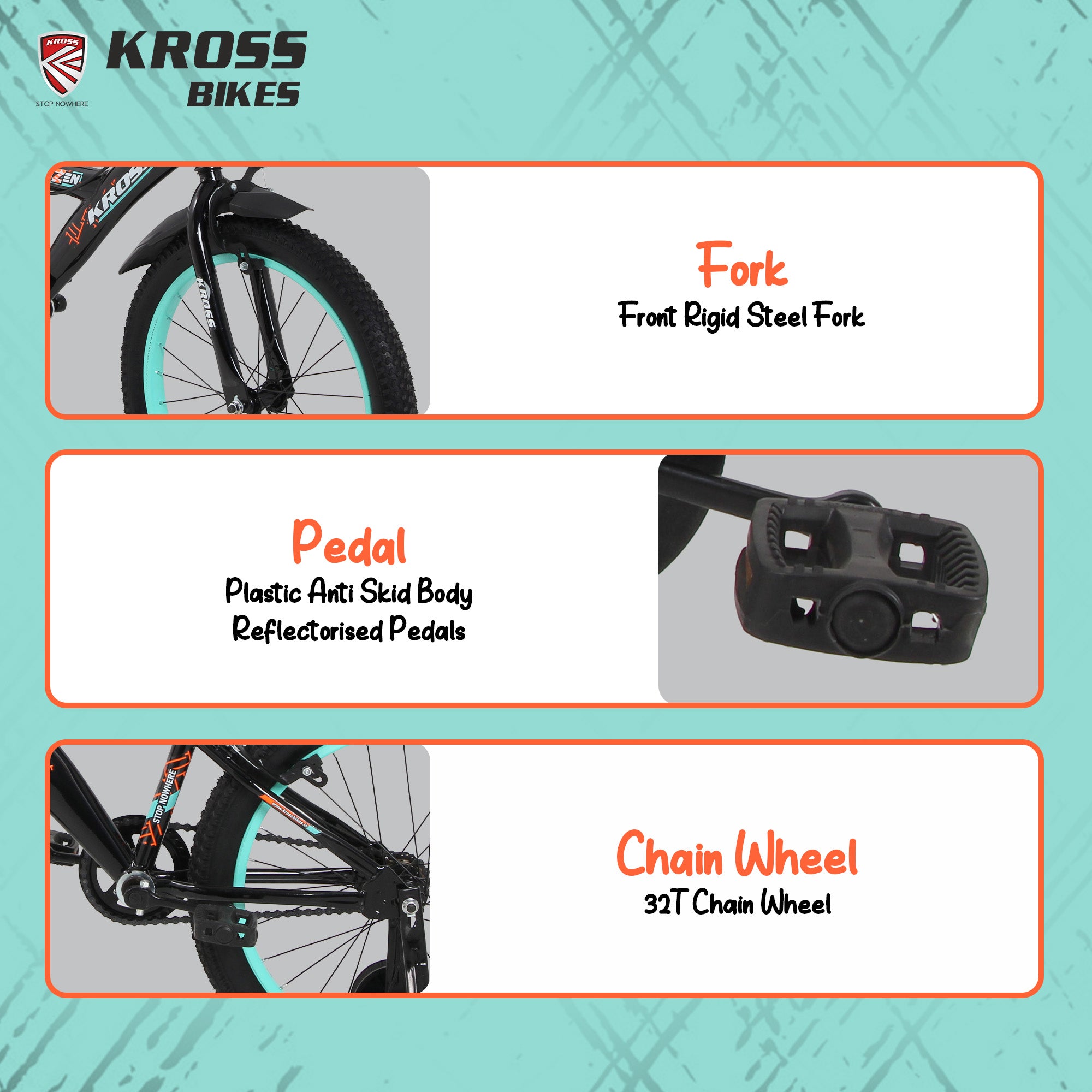 Kross Benzen Crush Pro 20T Kids Bicycle with Side Supporter | Single Speed | 20 x 2.40 Tyres | Dual Caliper Brakes | Black