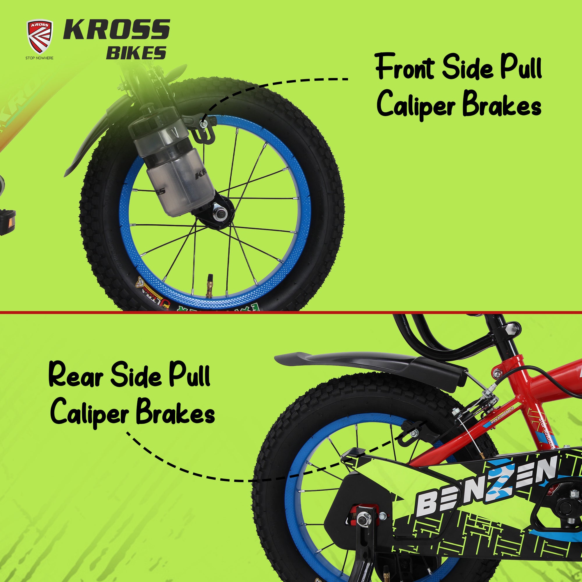 Kross Benzen Crush 14T Kids Cycle with Training Wheels, Back Rest & Bottle – Red
