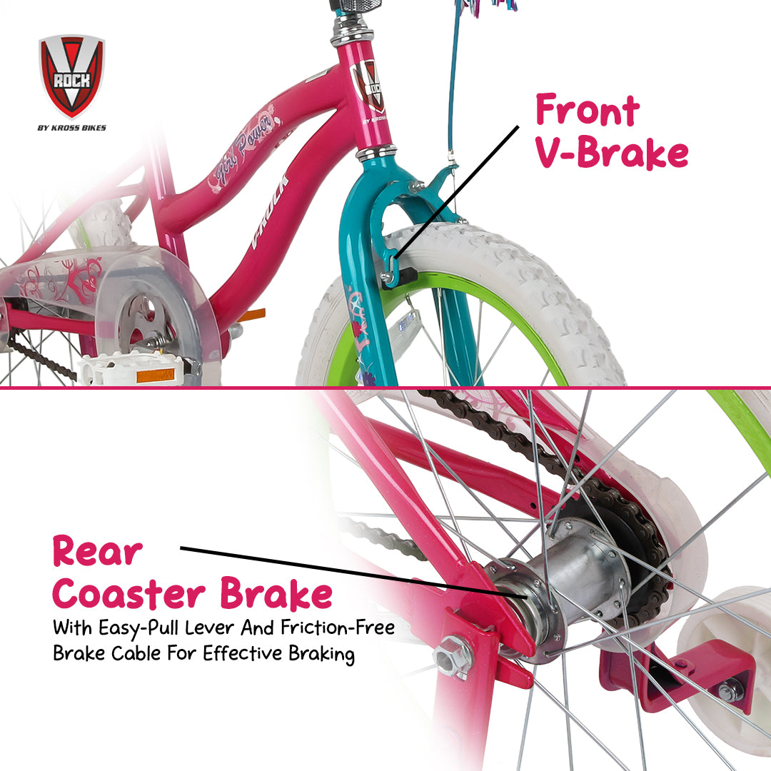 V Rock Girl Power 18T Bicycle for Kids (4–7 Years) | Pink–Turquoise, Steel Frame, Training Wheels