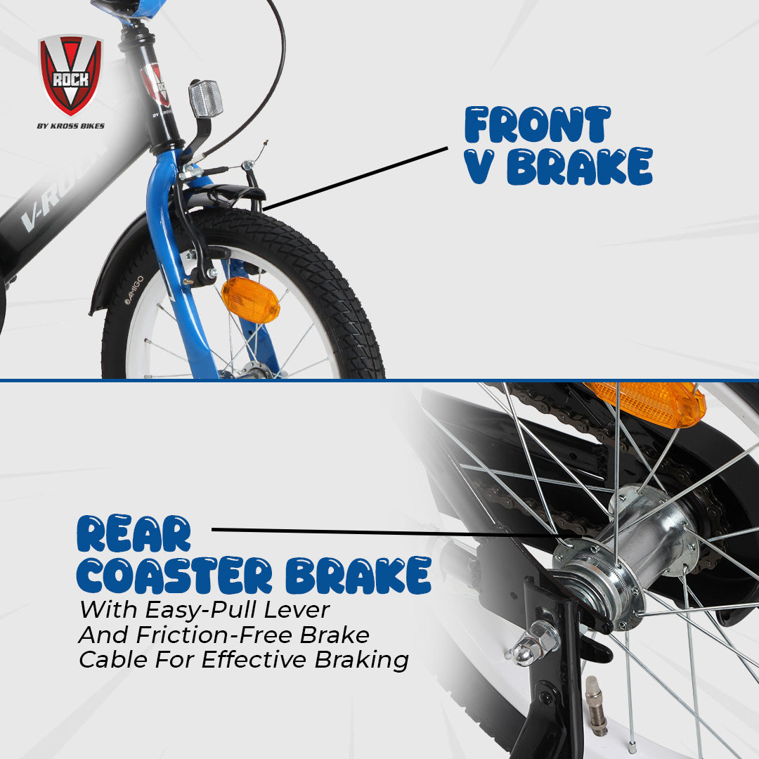 V Rock 16T BMX Fun Kids Bicycle with Training Wheels & Coaster Brake – Black Blue