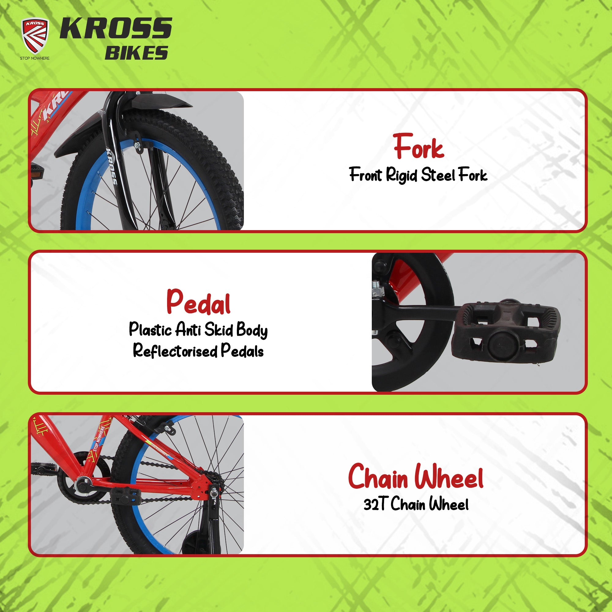 Kross Benzen Crush Pro 20T Kids Bicycle with Side Supporter | Single Speed | 20 x 2.40 Tyres | Dual Caliper Brakes | Red