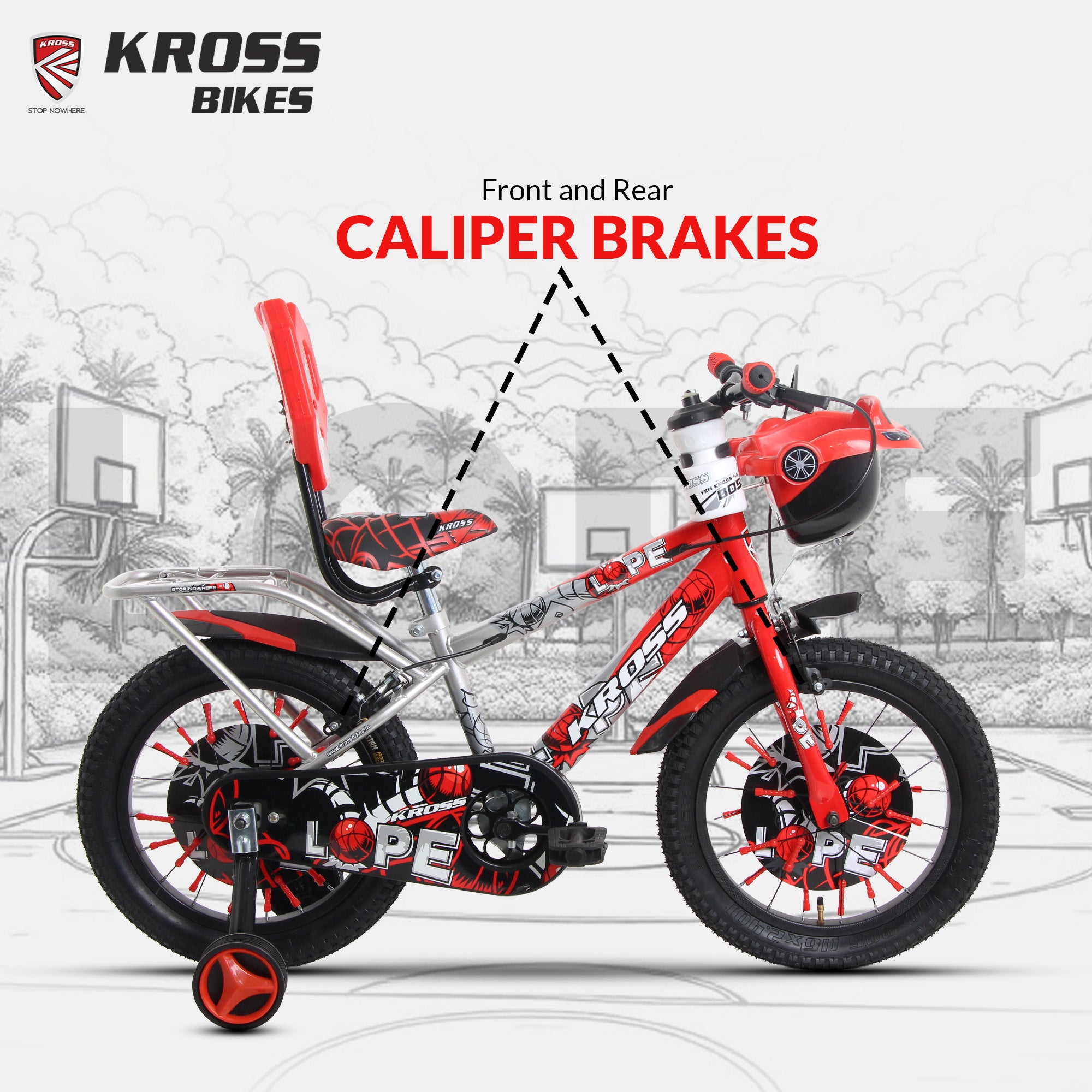 Kross Lope 16T Kids Cycle (16x2.40 Tyre, Dual Color Steel Frame, Caliper Brakes, Basket & Side Wheels, 4–6 Years) with Carrier-Red