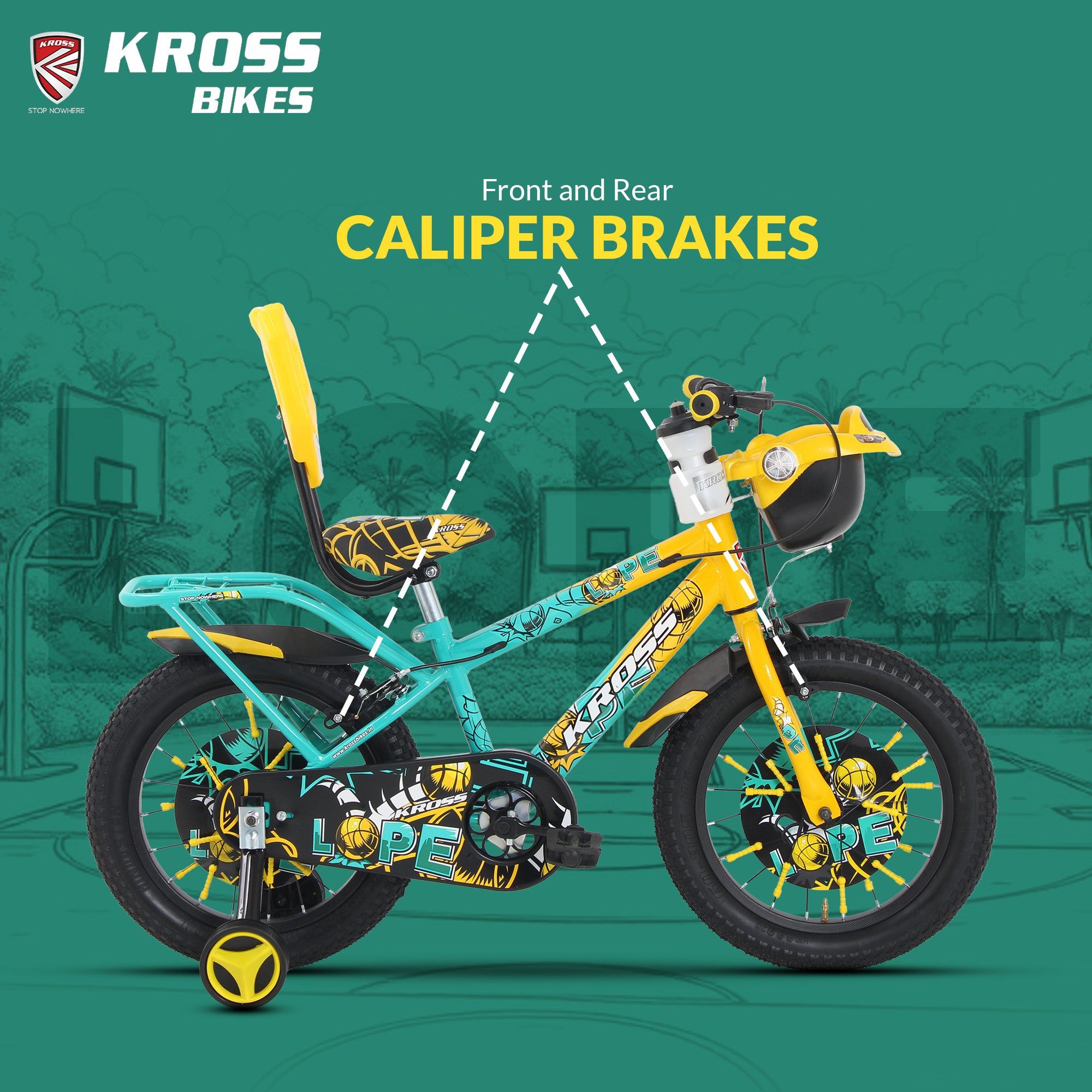 Kross Lope 16T Kids Cycle (16x2.40 Tyre, Dual Color Steel Frame, Caliper Brakes, Basket & Side Wheels, 4–6 Years) with Carrier -Yellow