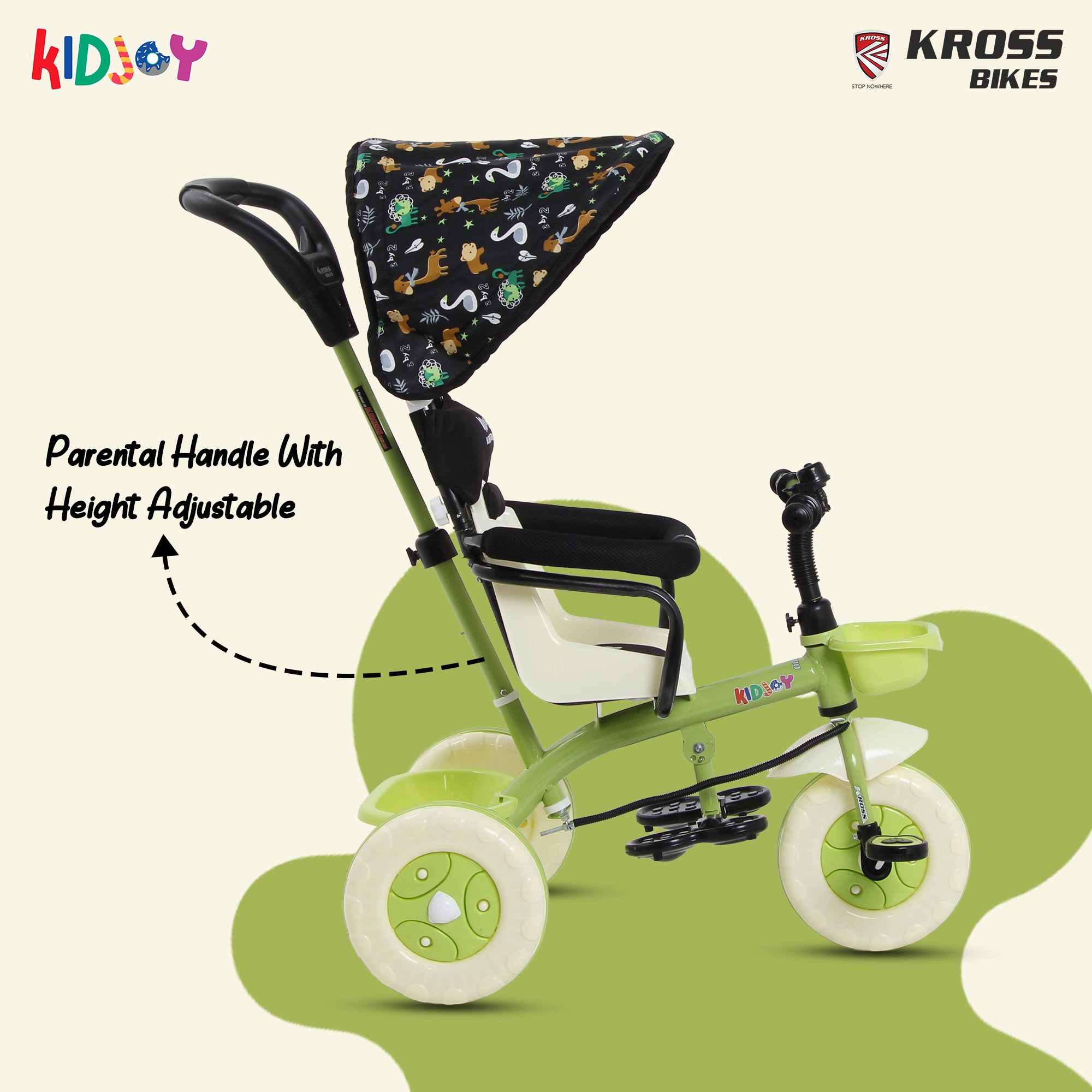Kidjoy SS-100 Kids Tricycle for 1.5–4 Years with Parental Handle, Canopy & Safety Guard – Steel Frame (Green)