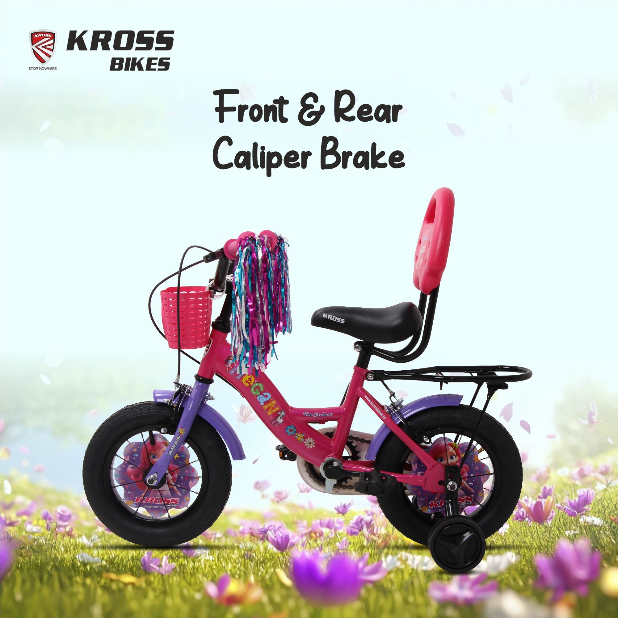 Kross Megan 12T Kids Bicycle with Training Wheels, Basket, Back Rest & Carrier | Single Speed | Pink-Purple