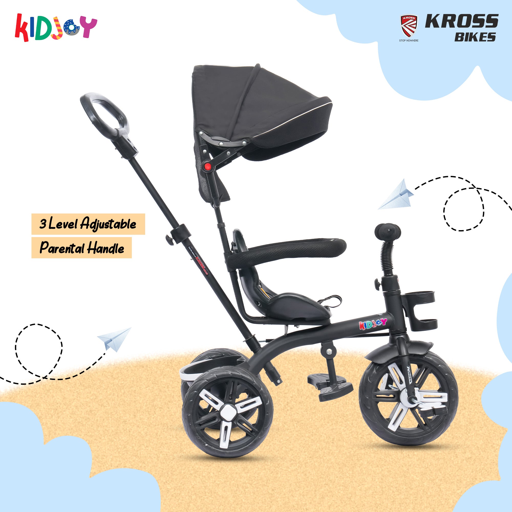 Kidjoy EX-1 3-in-1 Kids Tricycle with Adjustable Parental Handle, Detachable Canopy, EVA Tyres, Safety Belt & Rear Basket (1–4 Years) (Black/White)