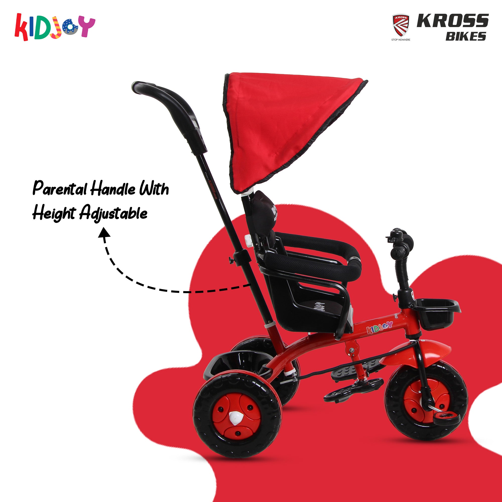 Kidjoy SS-100 Kids Tricycle for 1.5–4 Years with Parental Handle, Canopy & Safety Guard – Steel Frame (Red)