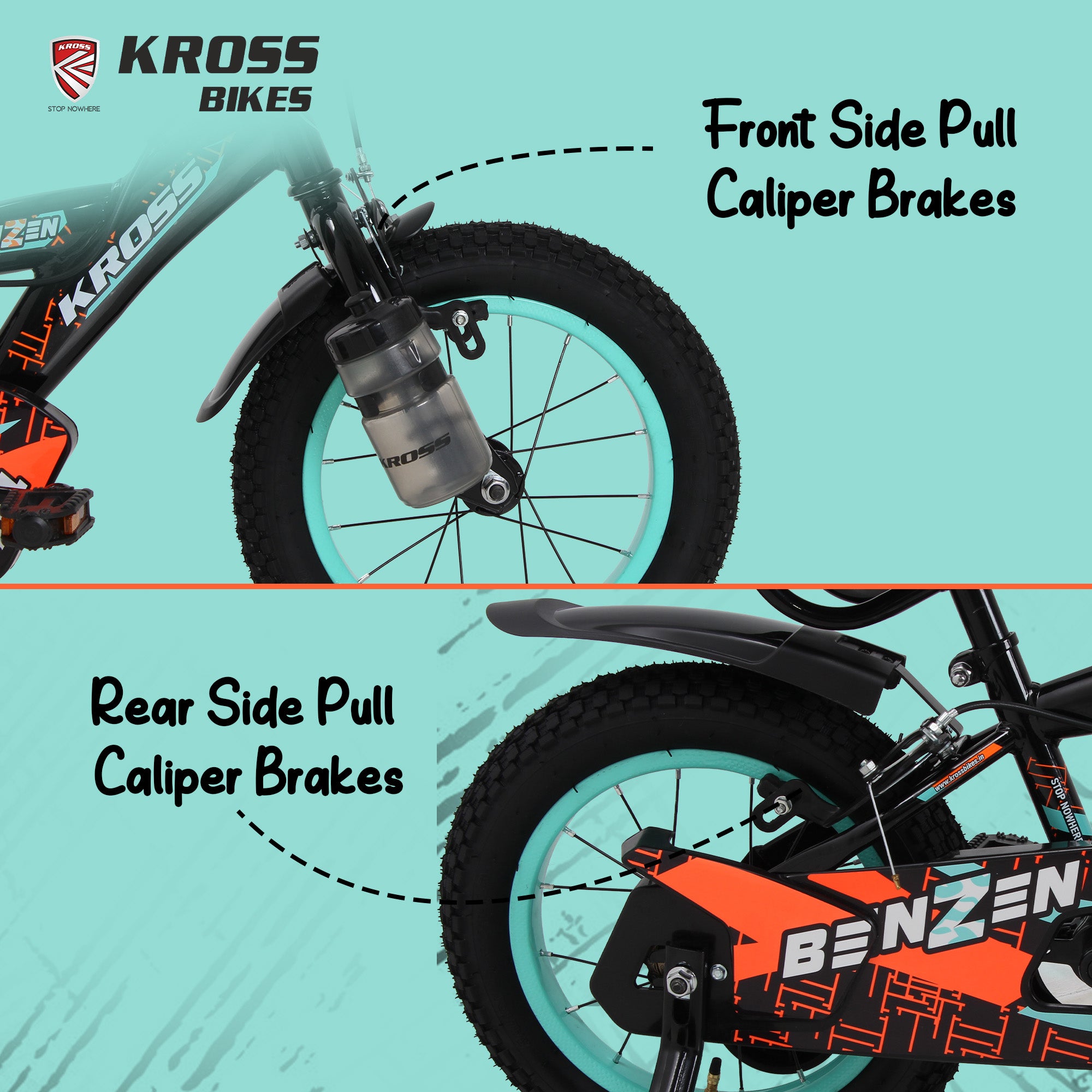 Kross Benzen Crush 14T Kids Cycle with Training Wheels, Back Rest & Bottle – Black