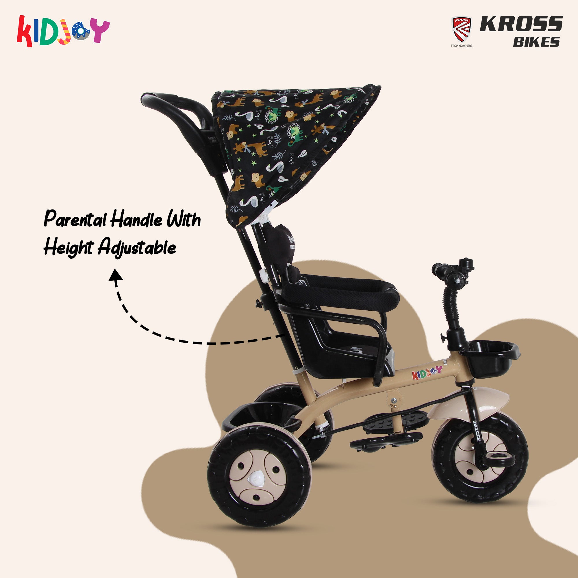 Kidjoy SS-100 Kids Tricycle for 1.5–4 Years with Parental Handle, Canopy & Safety Guard – Steel Frame (Brown)