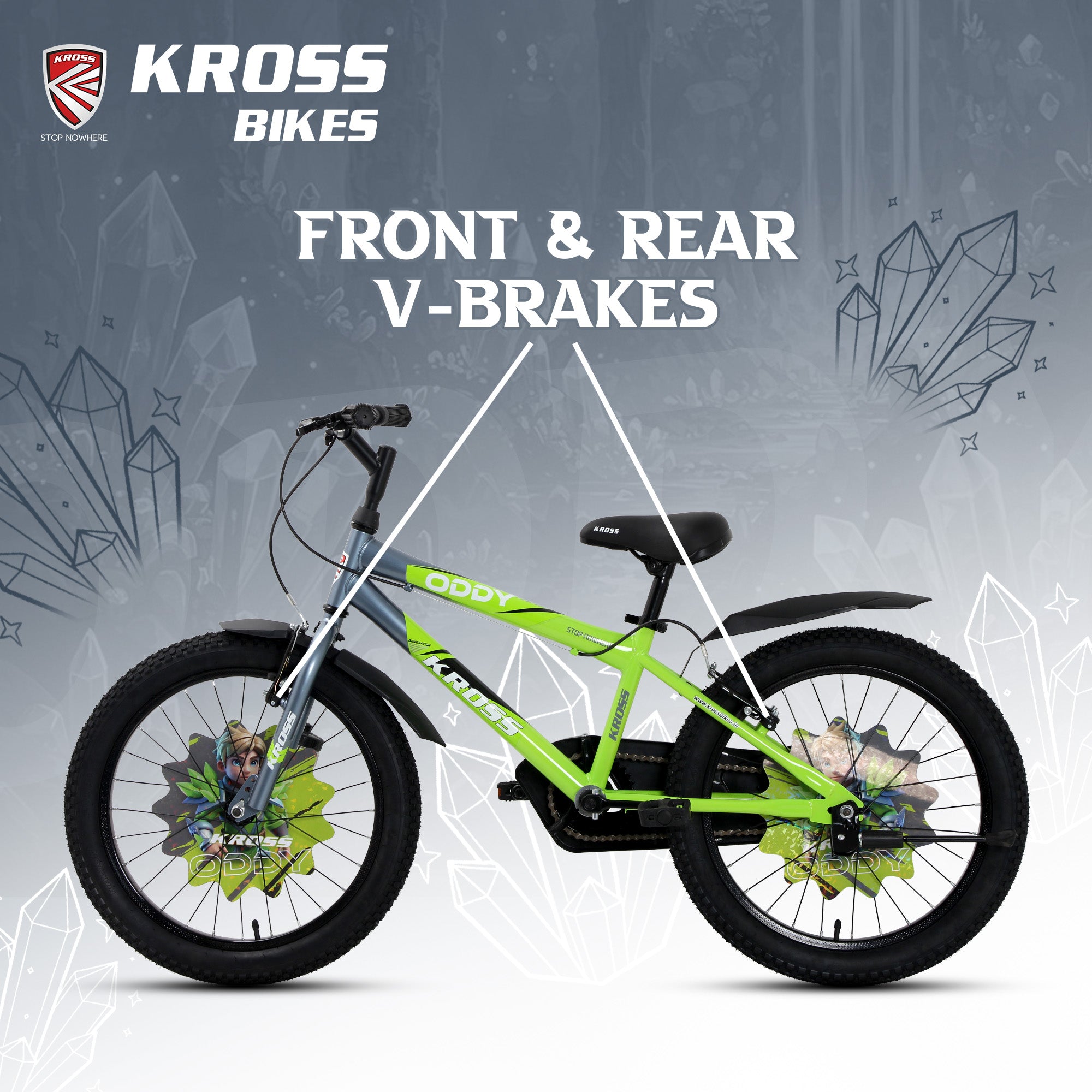 Kross Oddy 20T Kids Bicycle with Training Wheels, V-Brakes, Steel Frame, Green/Grey